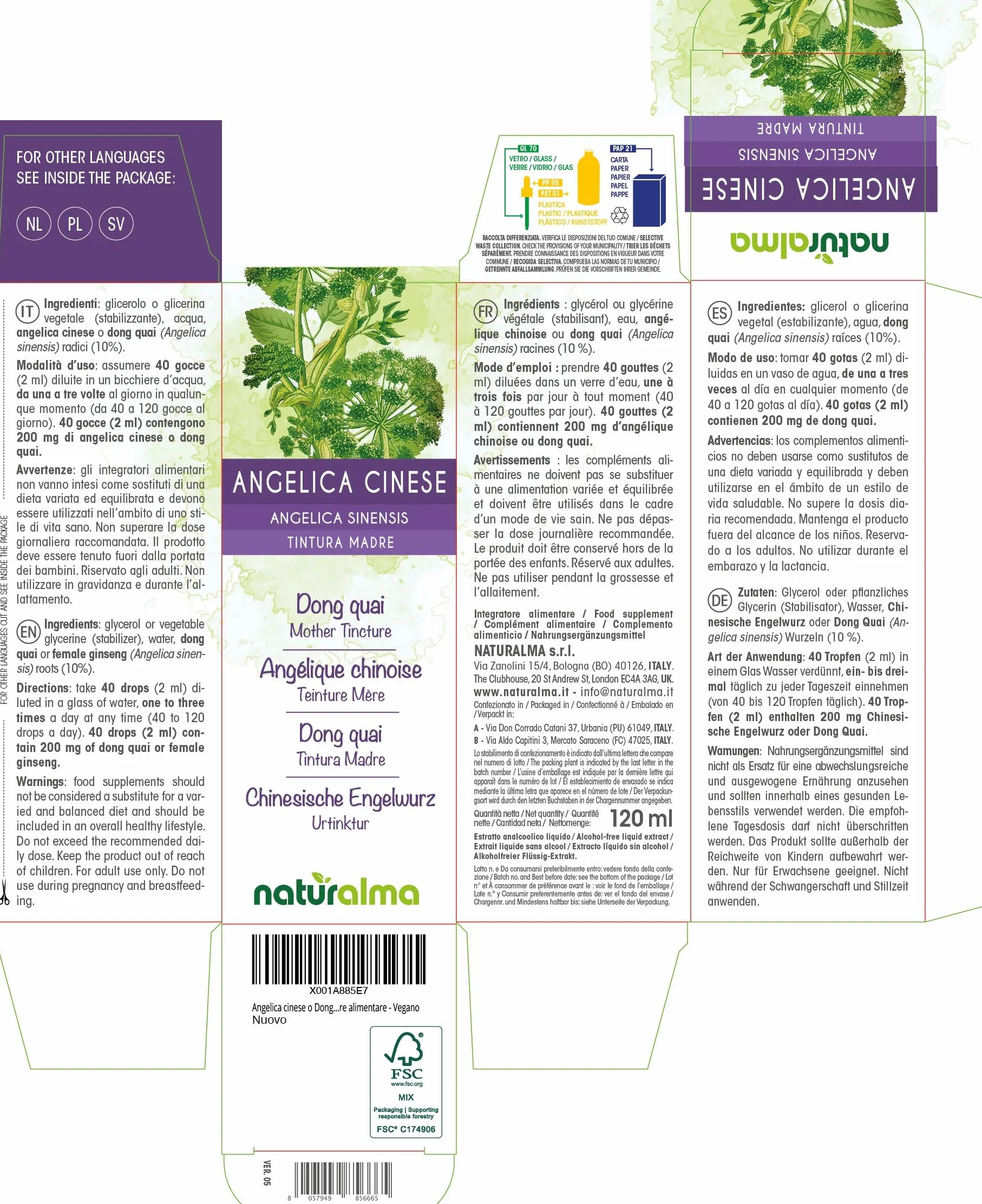 Angelica sinensis Dong quai radici Tintura Madre analcoolica Naturalma Estratto liquido gocce 120 ml Integratore alimentare Vegano