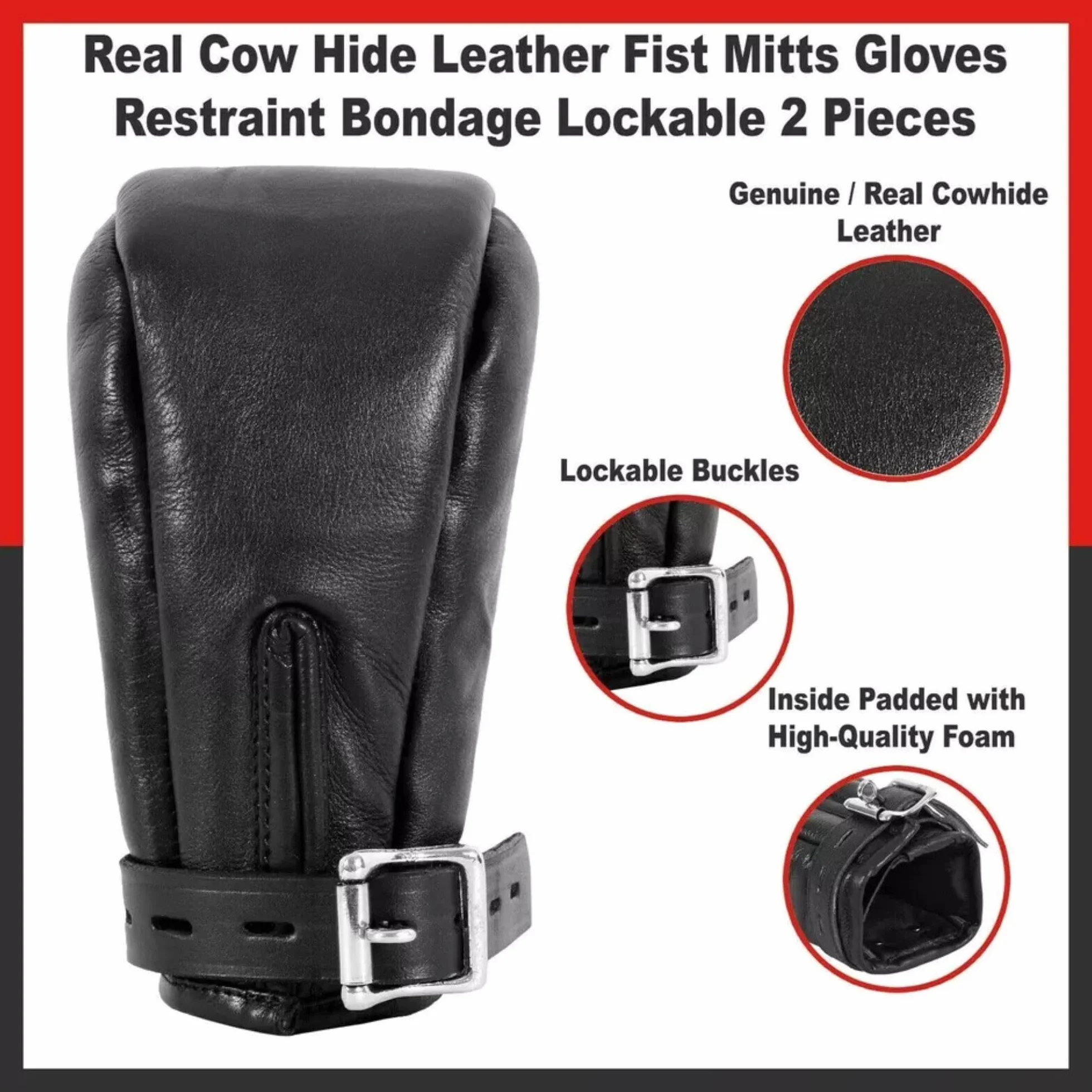 Generico Guanti Padded in Vera Pelle Nera BDSM con Anello D Bloccabile per Adulti