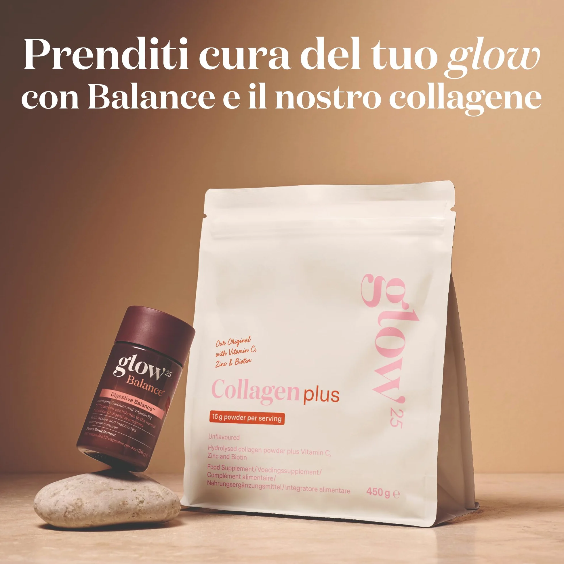 Glow25® Collagen Plus 450 g – Peptidi di collagene di tipo I e III con vitamina C, zinco e biotina – Formula idrolizzata ad alta biodisponibilità – Collagene in polvere