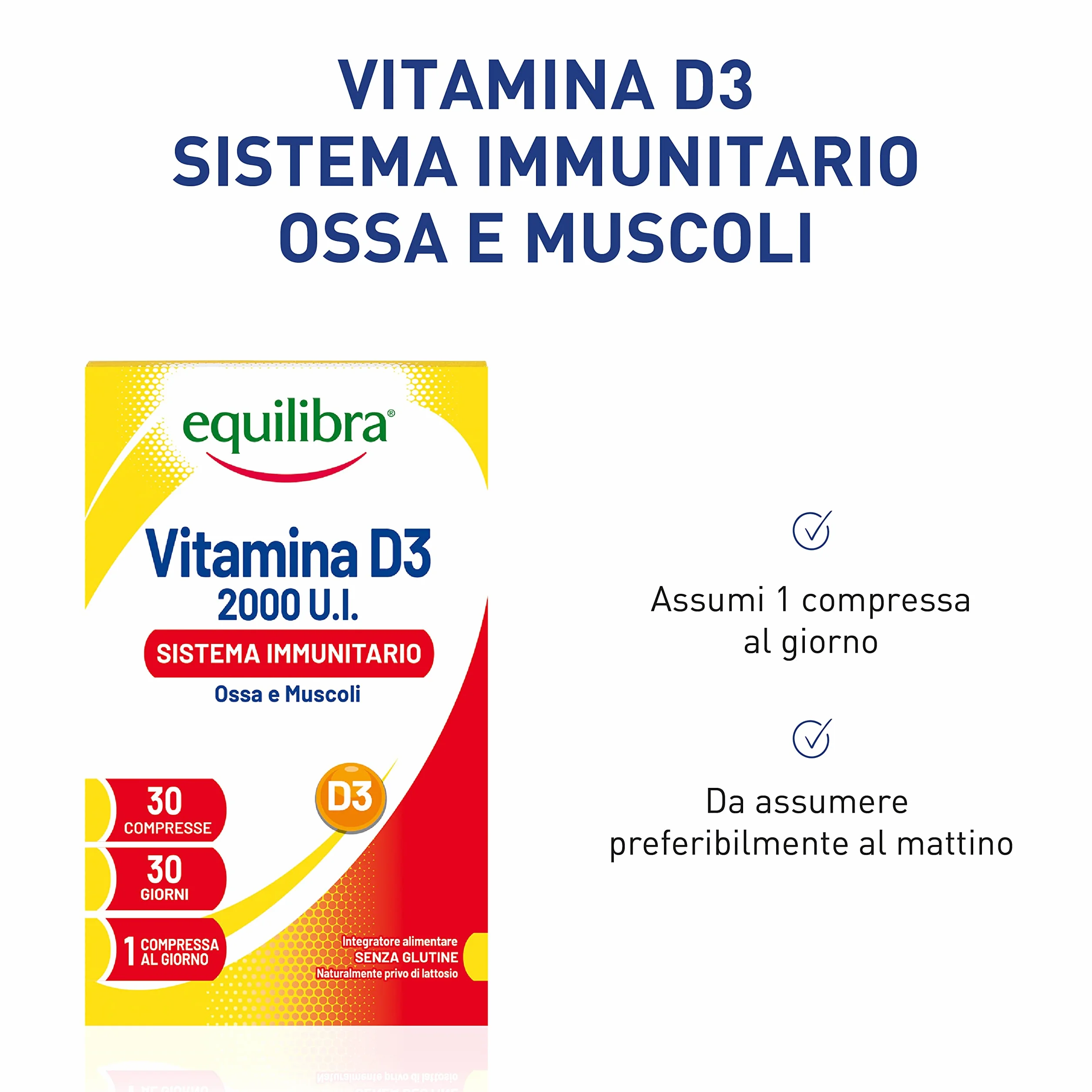 Equilibra Integratori Alimentari, Vitamina D3, Integratore Vitamina D3 per la Normale Funzione del Sistema Immunitario, per il Mantenimento di Ossa Normali, 2000 UI, 30 Compresse Altodosate