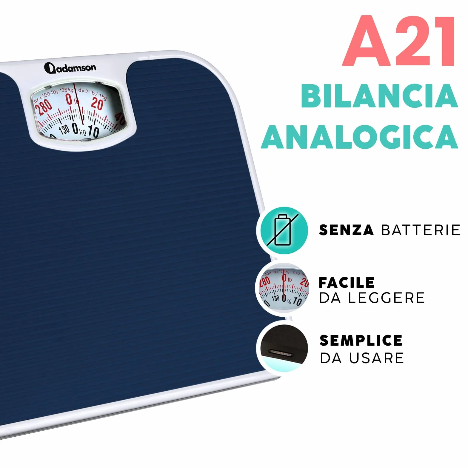 Adamson A21 Bilancia Pesapersone Meccanica - Fino a 136 KG - Superficie in Gomma Antiscivolo - Bilancia Pesapersone Analogica - Bilancia Analogica con 20 Anni DI Garanzia - Blu