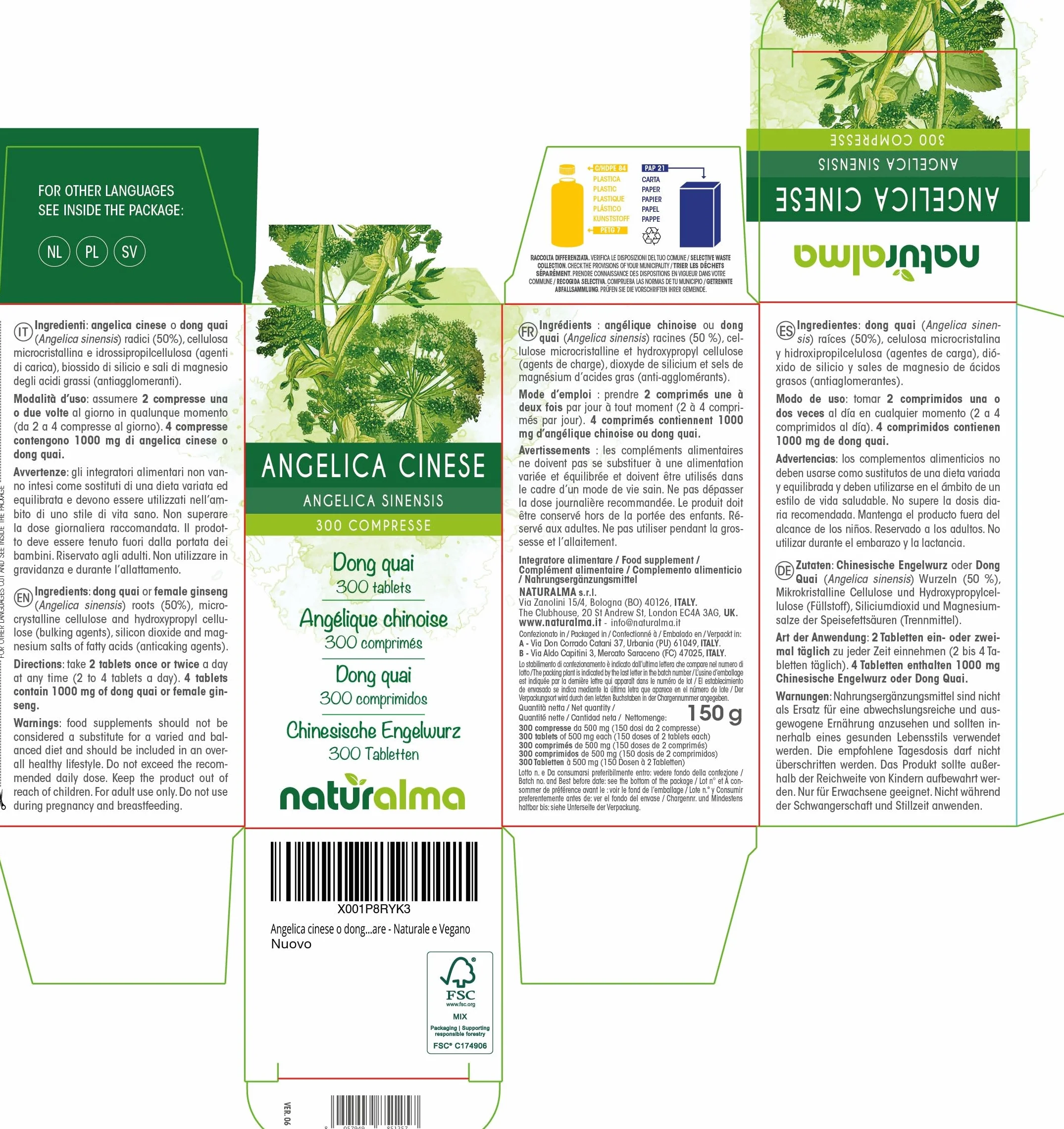 Angelica sinensis Dong Quai Naturalma 300 compresse Integratore alimentare Vegano