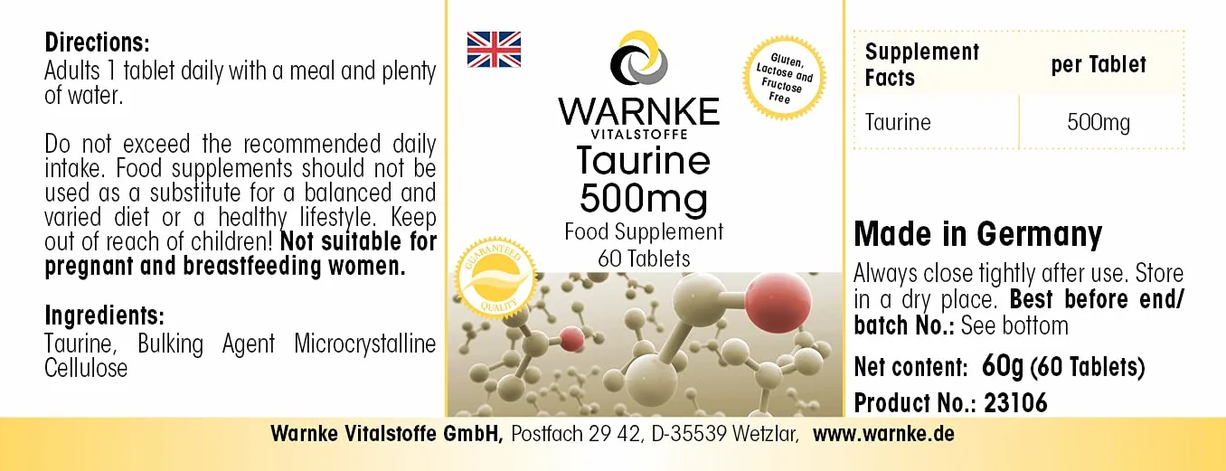 Taurina 500 mg - 60 Compresse - Vegan | Warnke Vitalstoffe