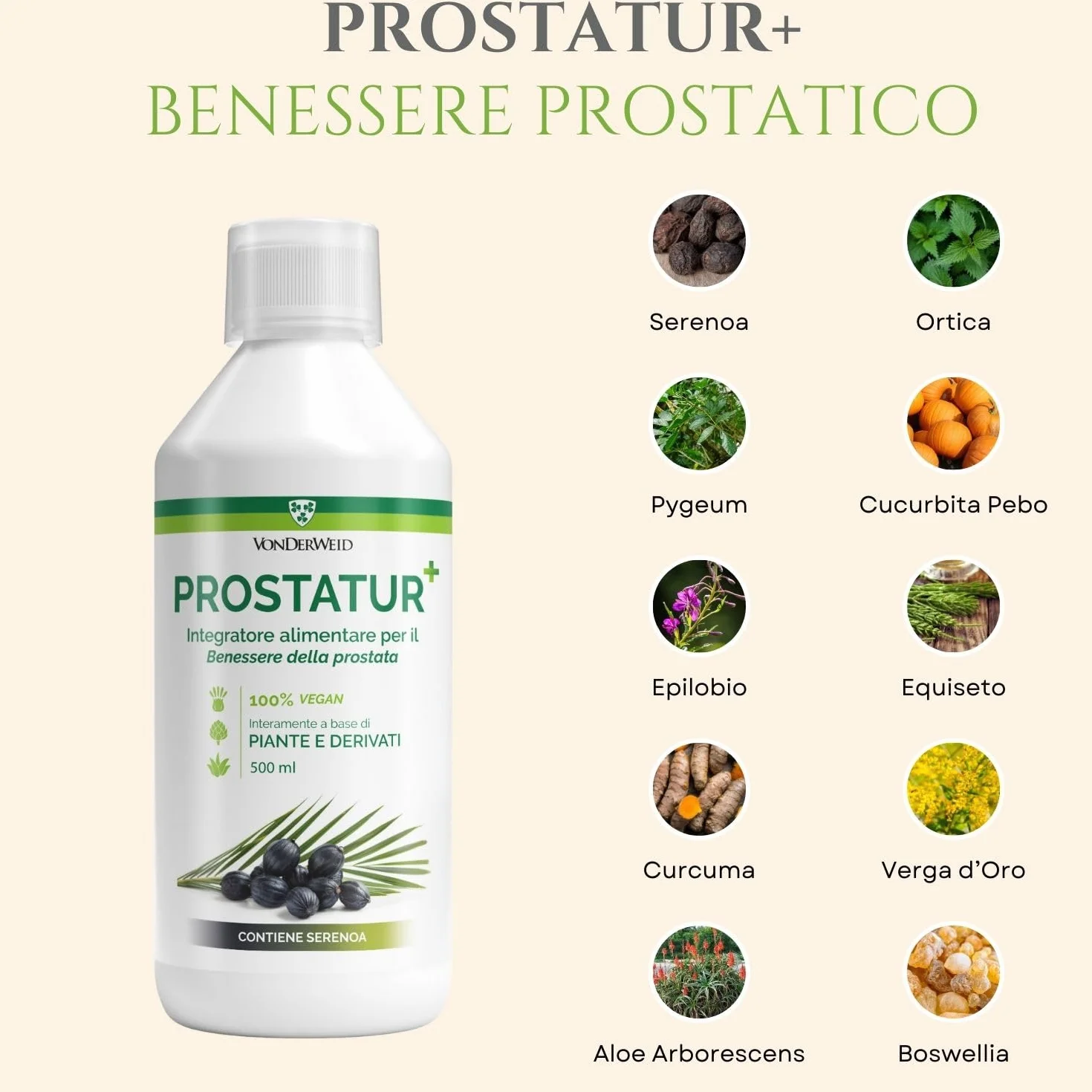 PROSTATUR+ Integratore Prostata Antinfiammatorio con Serenoa Repens, Pygeum Africanum, Epilobio, Ortica, Aloe, Zinco e Vitamina D 500 ml