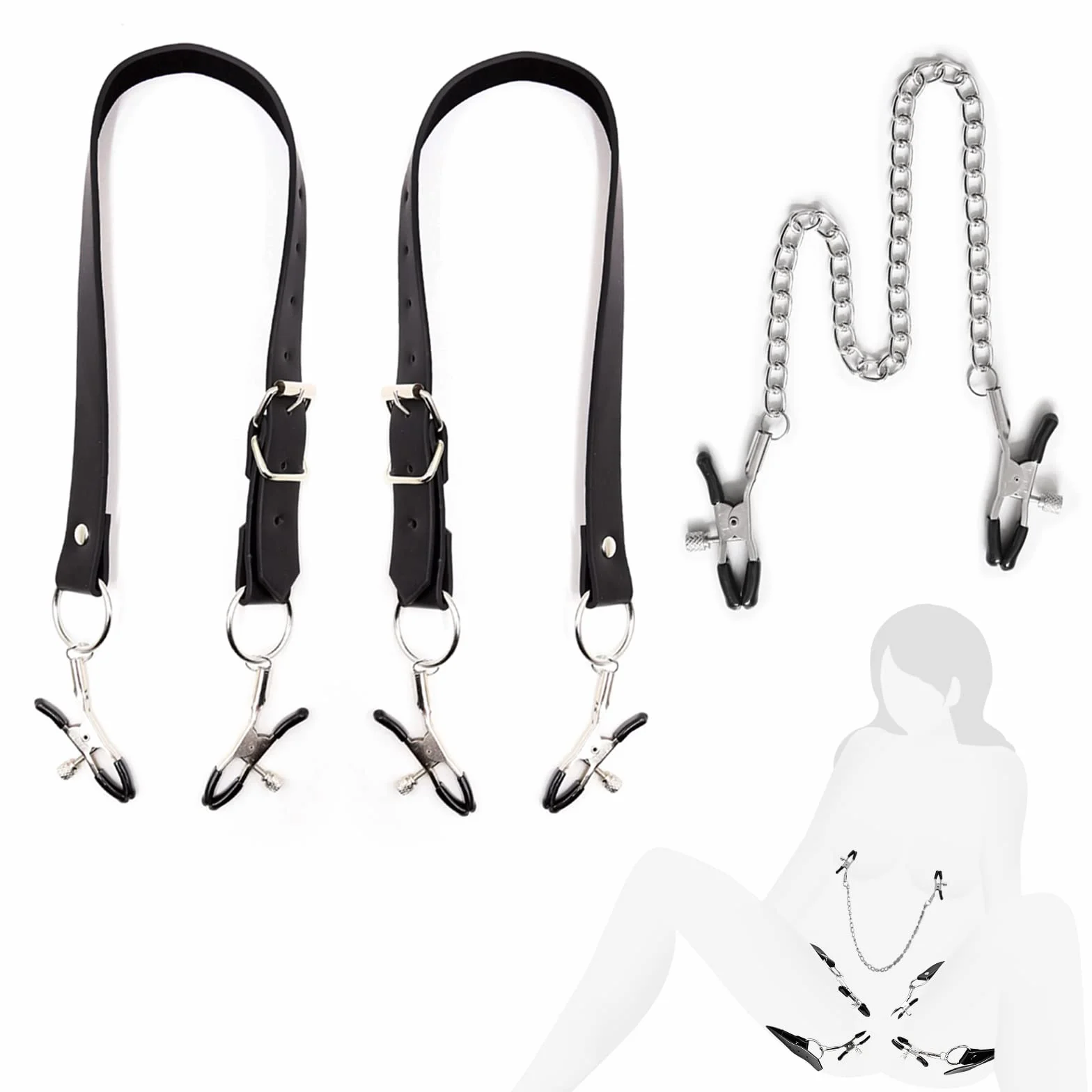 Set BDSM 3 pezzi, pinze per labbra con cinghie di espansione, pinze per capezzoli con catena di ferro, clip vaginali regolabili
