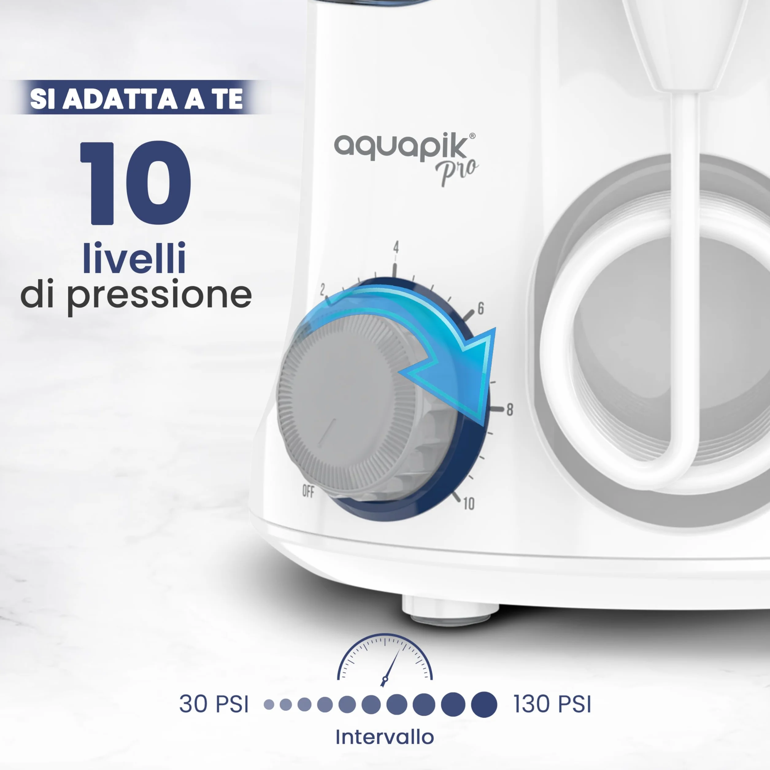 Aquapik PRO Idropulsore Dentale da Tavolo, Irrigatore Orale 600 ml con 8 Ugelli e 10 Livelli di Pressione, Ugello Rotante 360°, per Pulizia Interdentale, Apparecchi e Impianti, Bianco