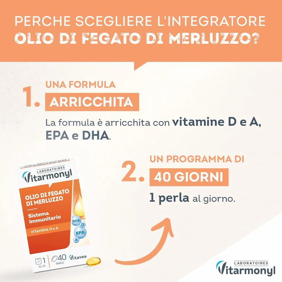 Olio di Fegato di Merluzzo 560mg Omega 3 EPA DHA Vitamina A D 40 Perle Marine