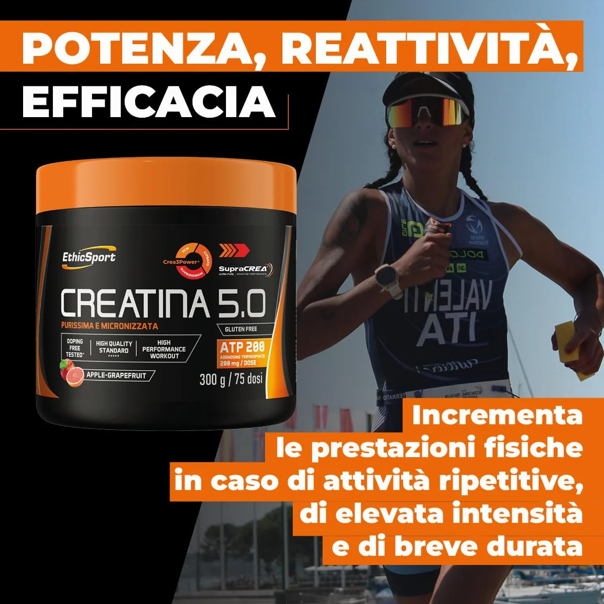 EthicSport CREATINA 5.0 – Creatina evoluta a base di SupraCREA®, con Crea3Power e ATP 200mg – Incrementa le prestazioni fisiche in attività brevi e intense** – doping free tested – 300g
