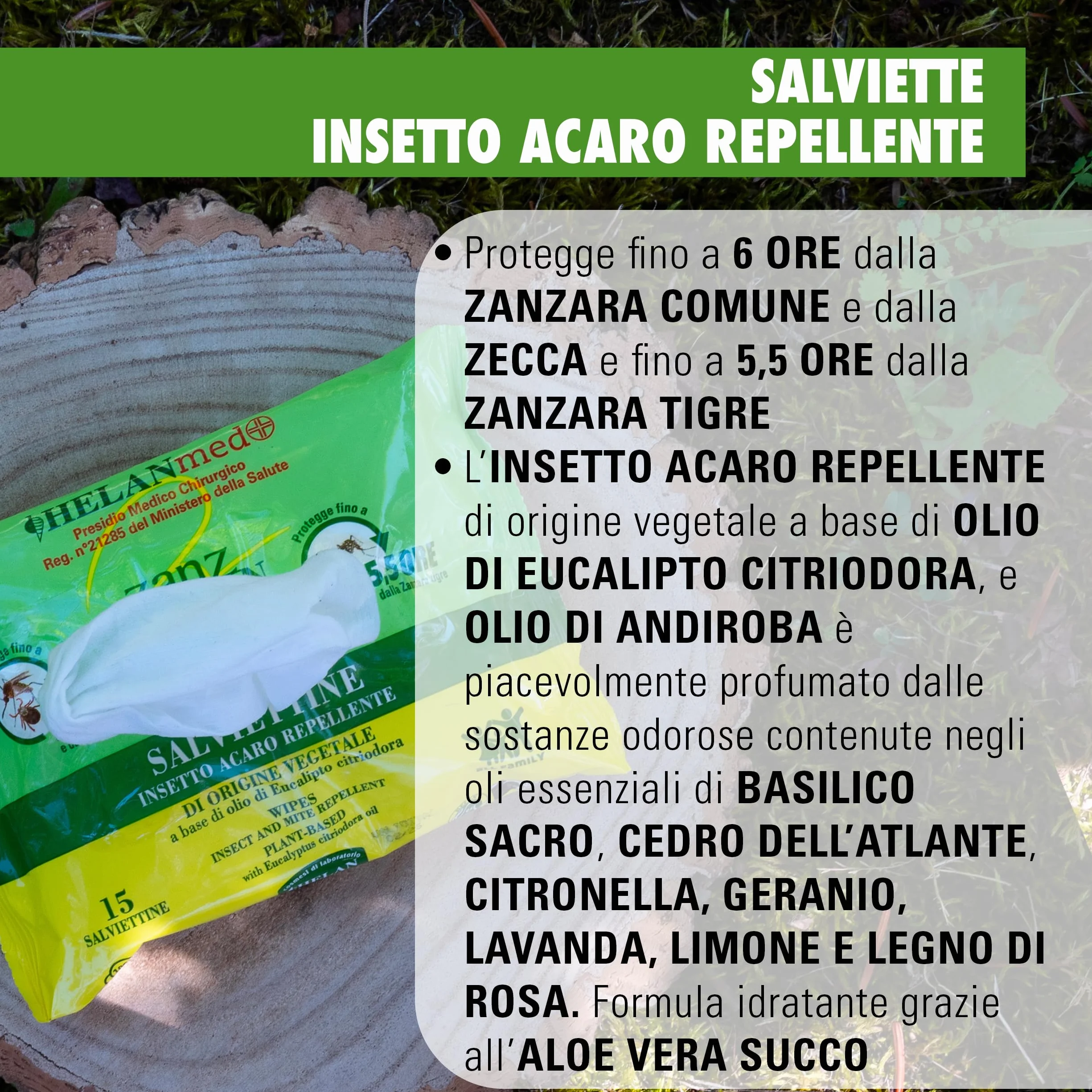 Helan Med Zanzhelan Salviette Umidificate Antizanzare 100% Cotone Bio Olio di Neem 15 Salviettine Repellente Zanzare Zecche 6 Ore