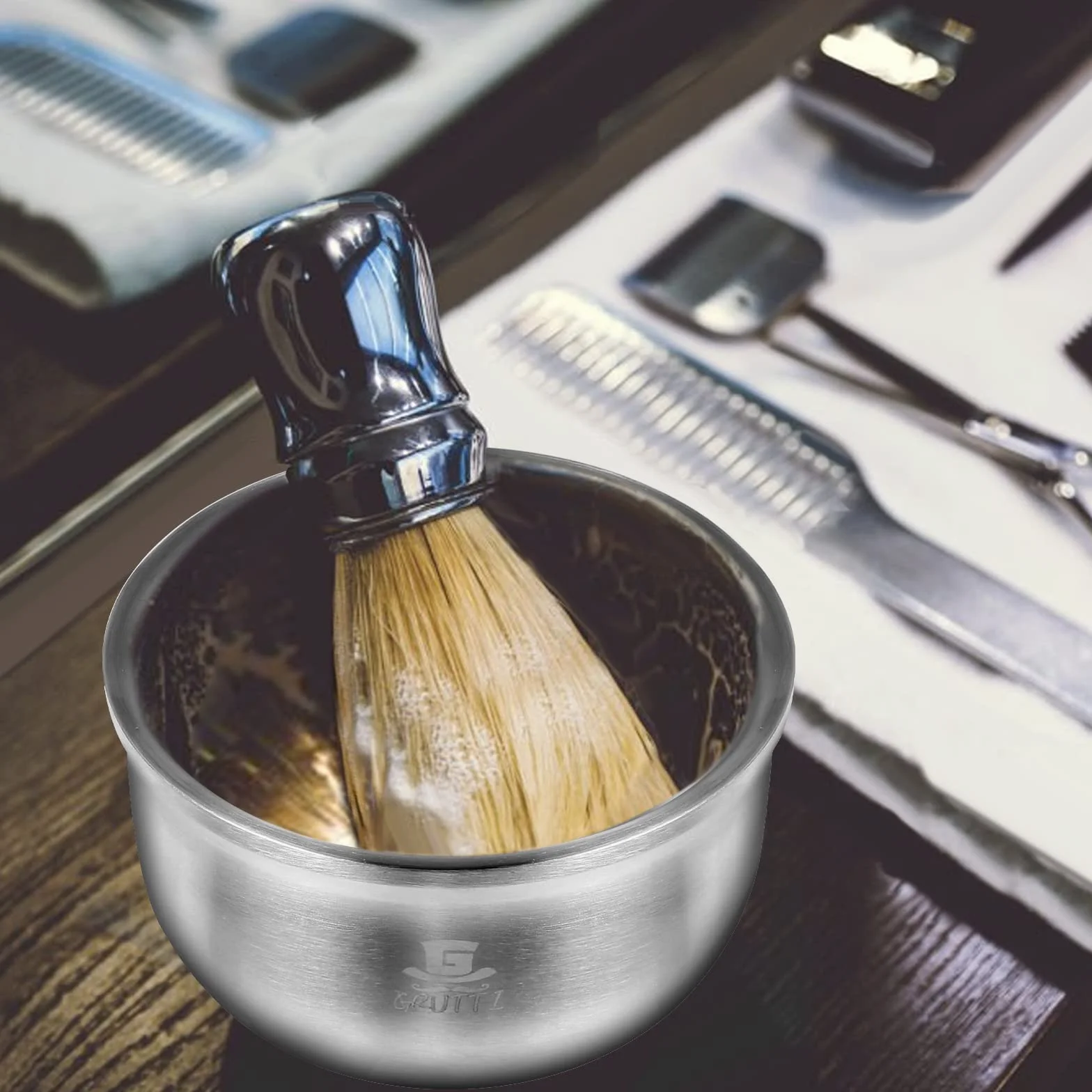GRUTTI Ciotola da barba in acciaio inox per uomini durevole Shaving Bowl con ampia apertura resistente al calore e sicuro per sapone da barba e cura della (10.5cm)
