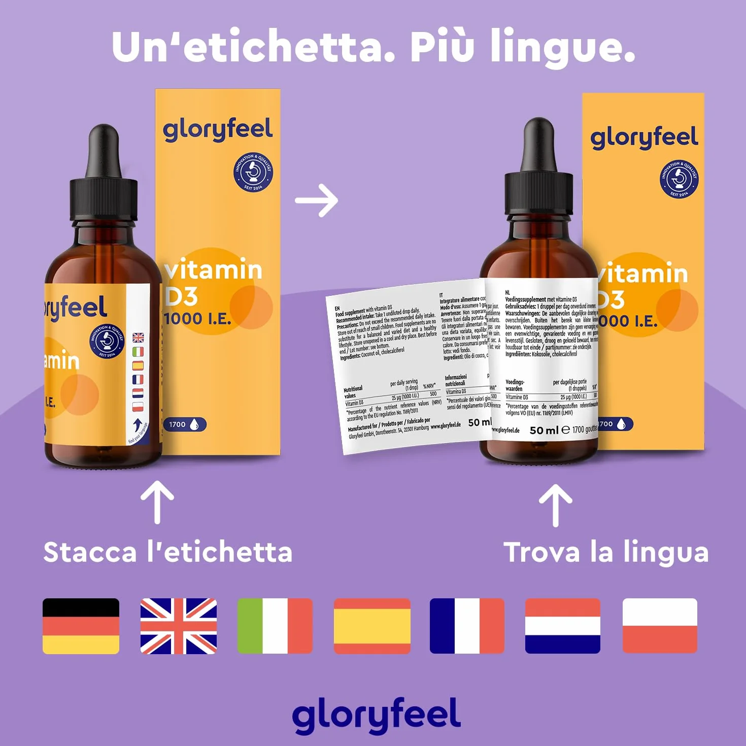 Vitamina D3 1000 UI per Goccia, 50ml (1700 Gocce), Eletto PRODOTTO DELL'ANNO 2025, Supporta Ossa, Denti e Sistema Immunitario, Vitamina D Colecalciferolo, in Olio MCD ad Alta Stabilità