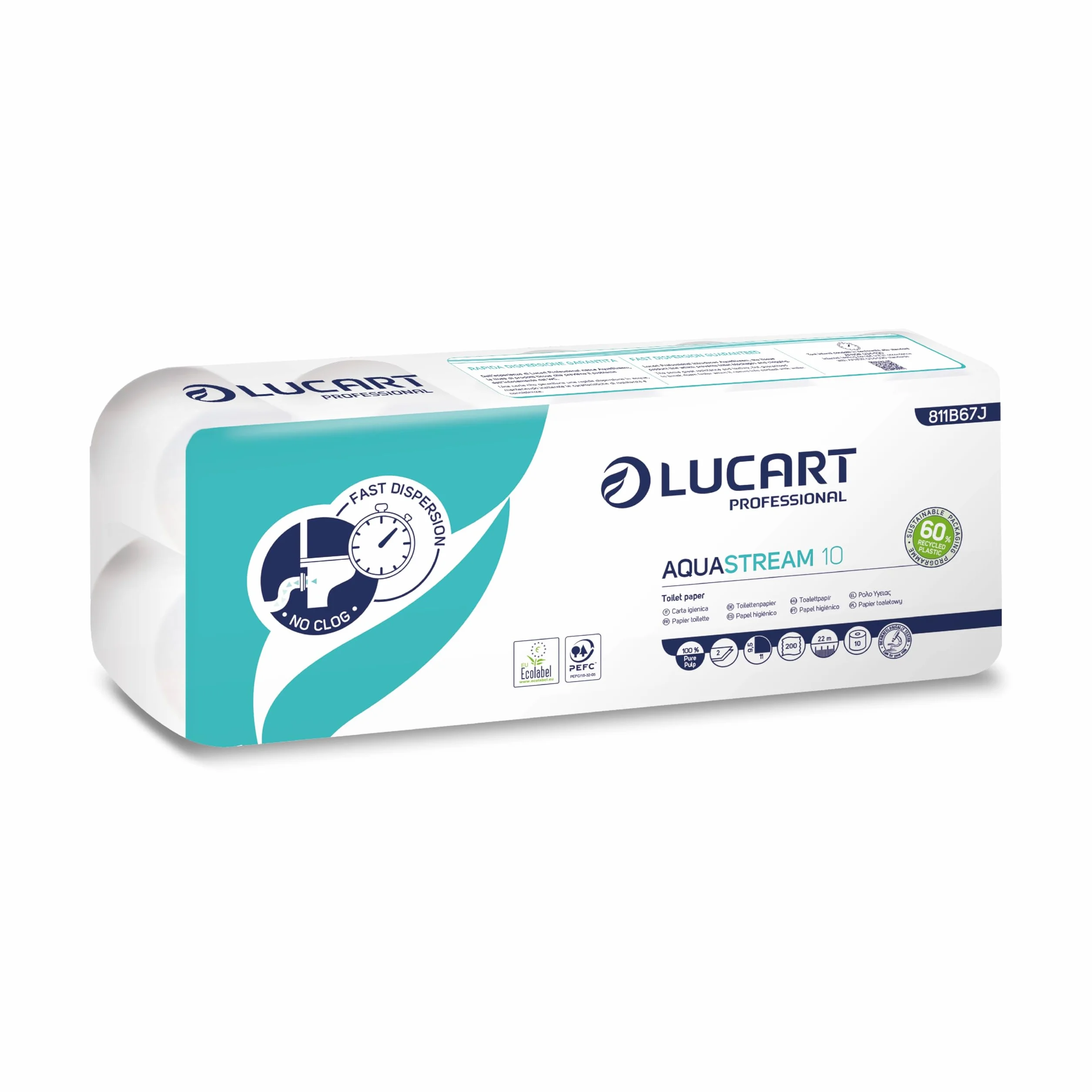 Lucart Professional AquaStream 10 Carta Igienica a Rotolo in pura cellulosa 10 Rotoli da 200 strappi 9,5x11 cm