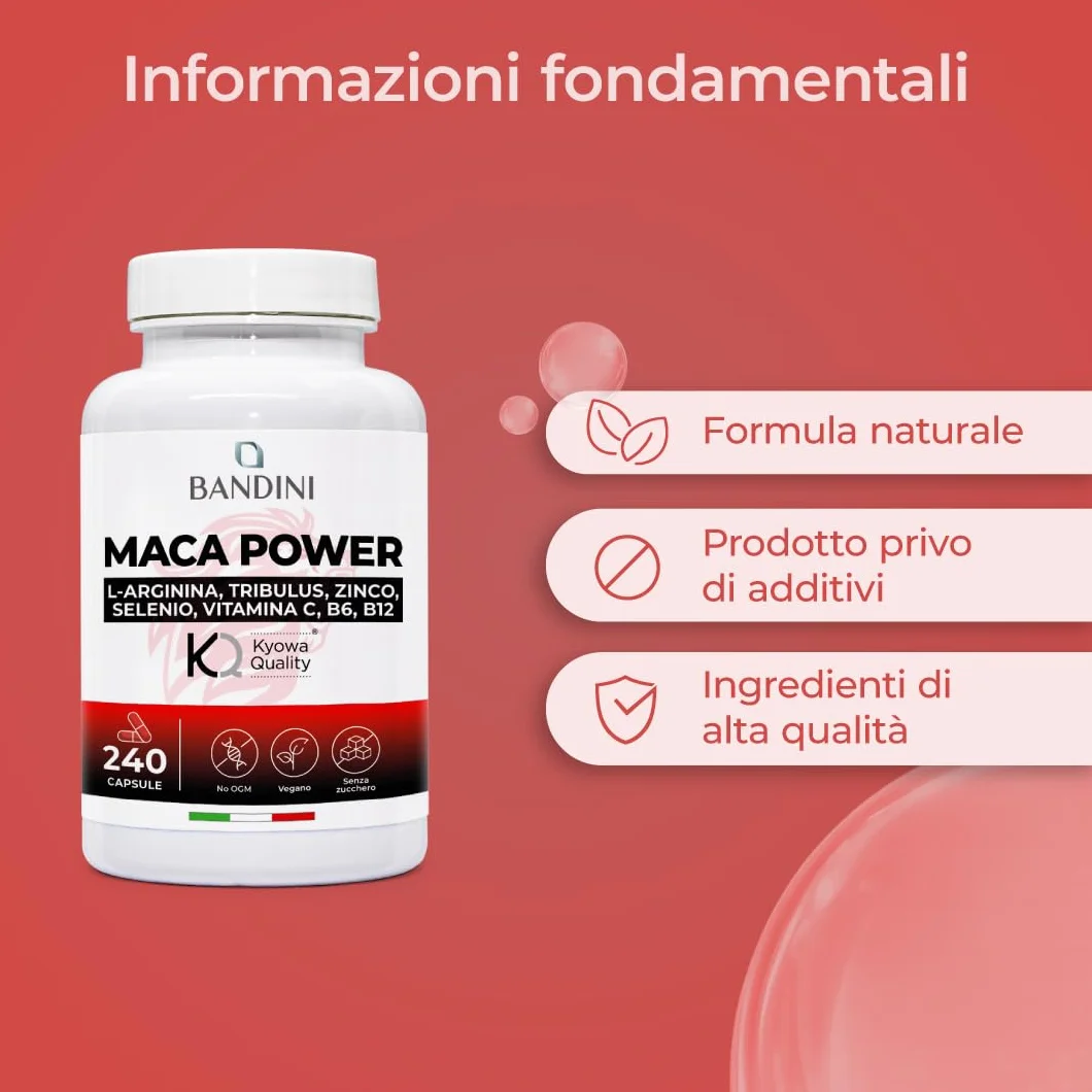 Bandini® MACA POWER 240 Capsule, Maca Peruviana 100% Vegan, Complesso ad Alto Dosaggio con Arginina Kyowa®, Tribulus, Vitamina C, Zinco, B6, B12 e Selenio, Stanchezza Fisica e Mentale, Energia, Sport