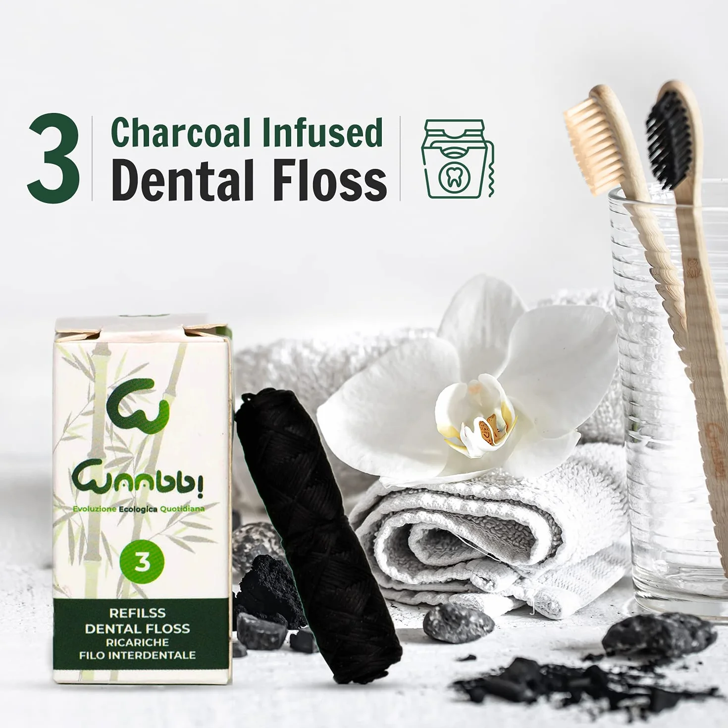 Ricariche per Filo Interdentale Carbone Attivo Bambù Biodegradabili 3X35M Pulizia Dentale Vegano Zero Sprechi Plastic Free Igiene Naturale Vegana