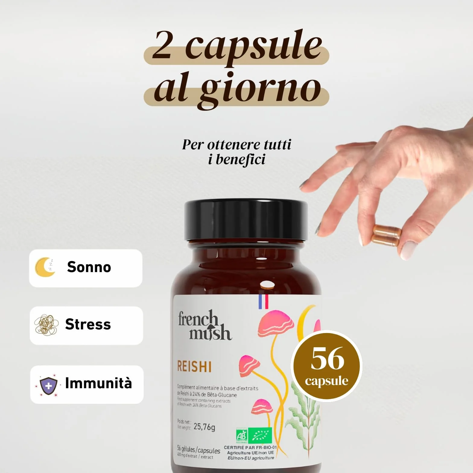 French Mush Reishi Bio 8000mg - 56 Capsule Vegane - 30% Polisaccaridi 92% Biodisponibilità - Effetto Rilassante, Sonno, Umore - Estratto di Reishi Potente - Testato in Laboratorio