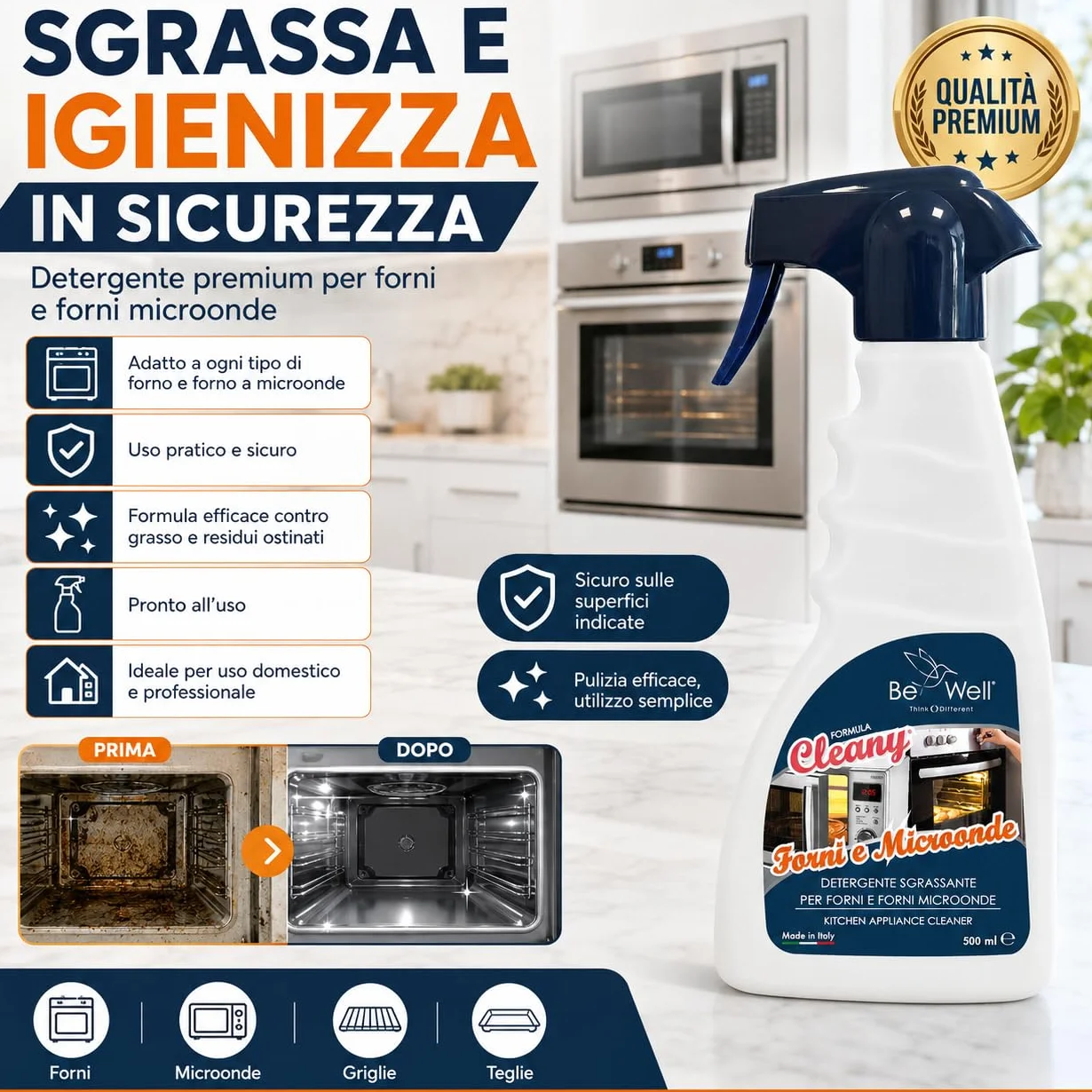 CLEANY Detergente Sgrassante Spray Forni Microonde 500 ml Made in Italy