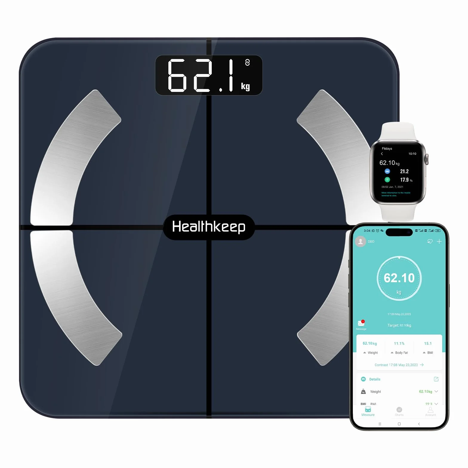 Healthkeep Bilancia Persona di Alta Precisione Impedenzimetro Bluetooth con App 13 Metriche Salute Max 180kg/400lb - Blu