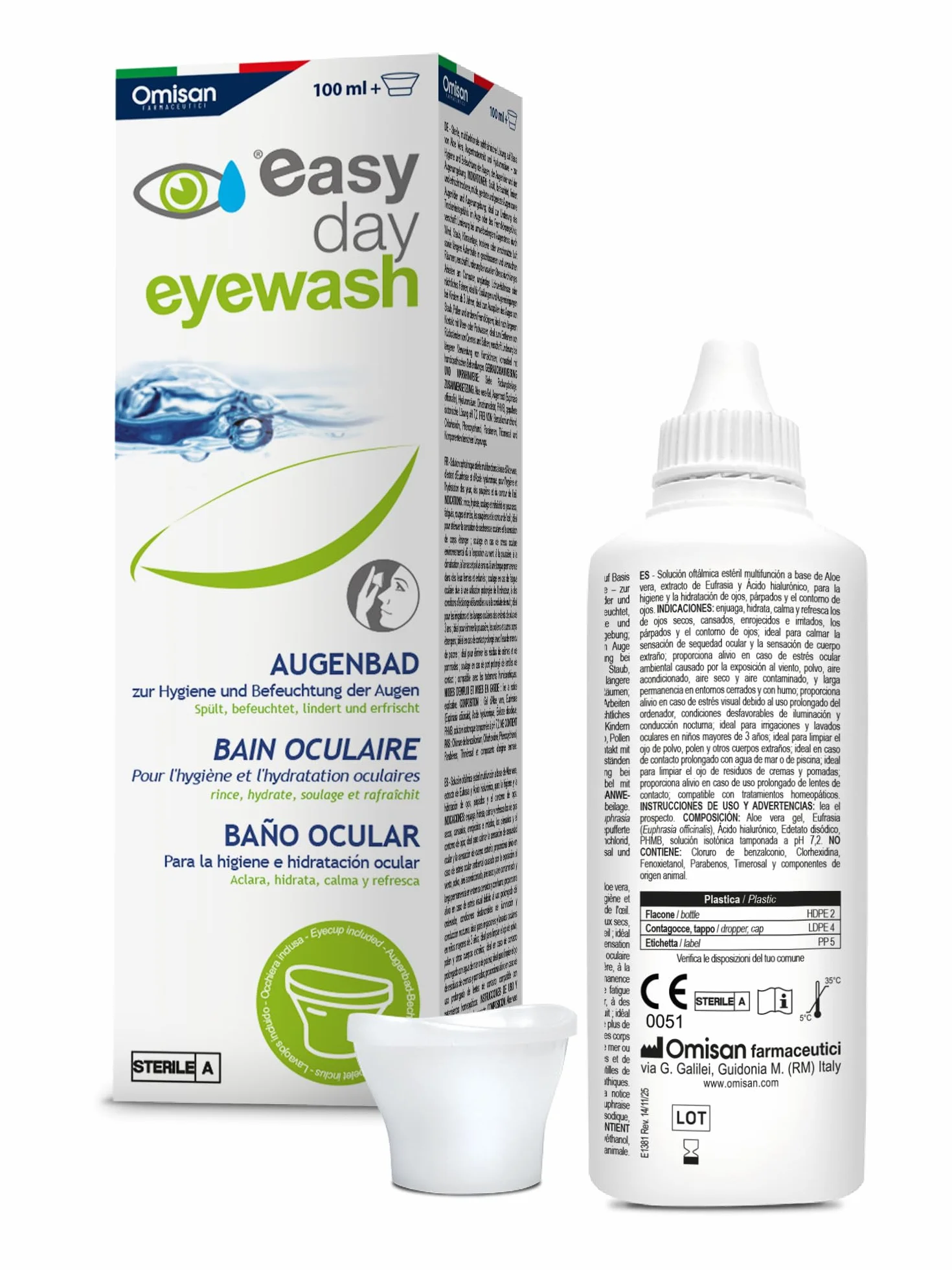 Easy Day Bagno Oculare Multi Azione, per Occhi Rossi, Stanchi e Irritati. Con Acido ialuronico ed Estratti Naturali - 100ml + Occhiera