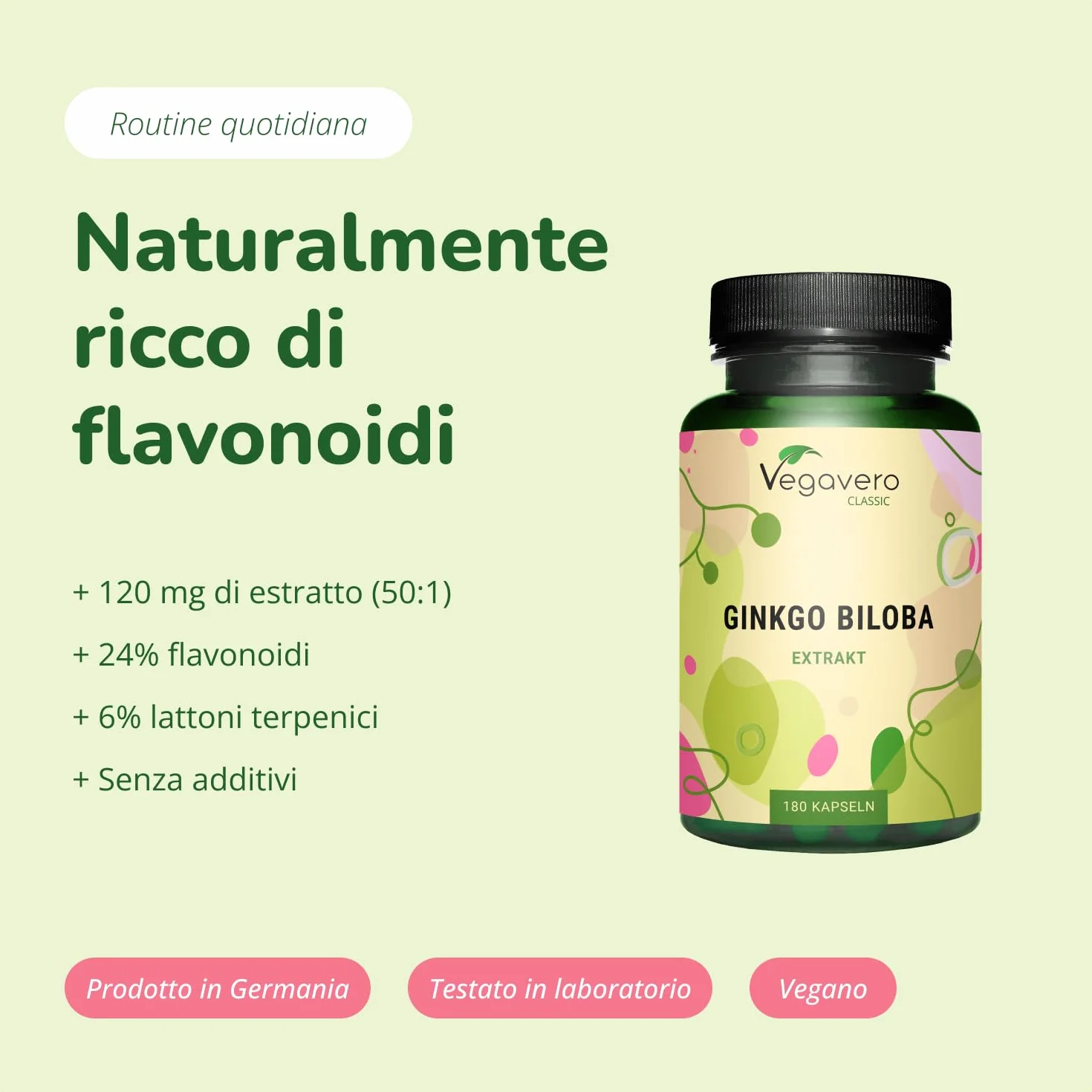 Vegavero® Ginkgo Biloba estratto 50:1 24% Glucosidi Flavonoidi 6% Terpenoidi 180 capsule Vegan