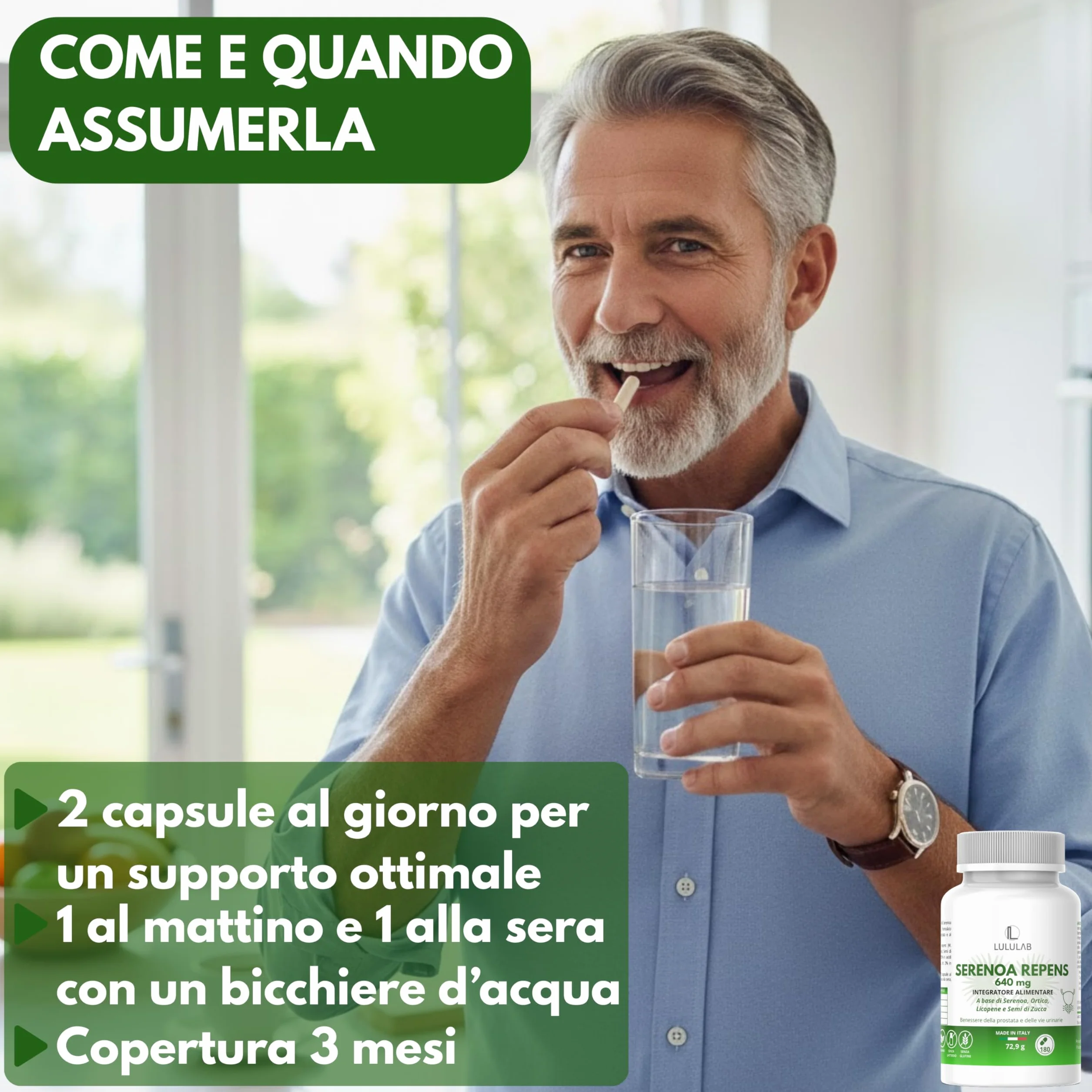 Lululab® Serenoa Repens Prostata 640 mg Saw Palmetto con Semi di Zucca, Ortica e Licopene Integratore Supporto Benessere Maschile 180 Capsule