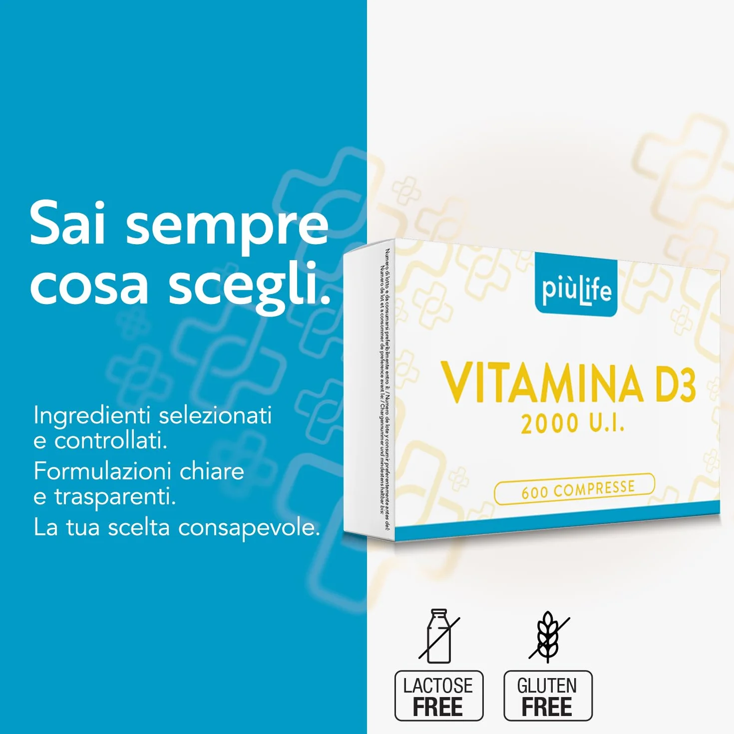 Vitamina D 2000 UI PiùLife, 600 Mini Compresse Vitamina D3 Masticabile (2cpr Per Dose), Integratore Vit D Pura, Difese Immunitarie, Ossa Muscoli Denti, Vit D3 Gluten Free, Lactose Free