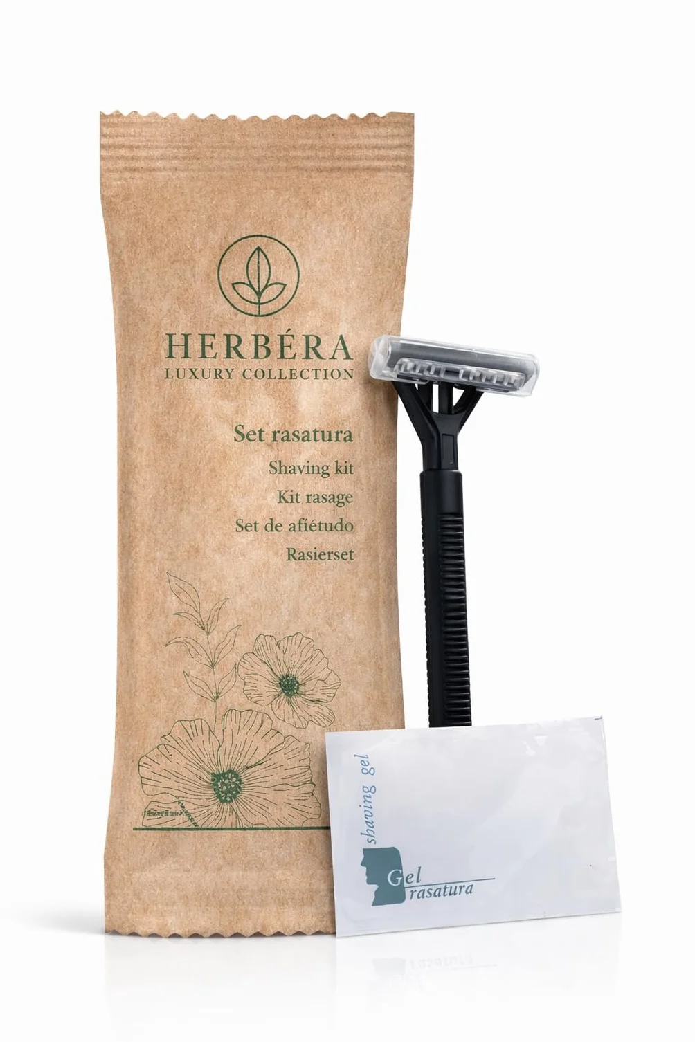 Set Rasatura kit barba con rasoio e gel conf. 50 pz HERBERA Luxury monouso e monodose linea cortesia hotel in confezione carta Bio riciclabile