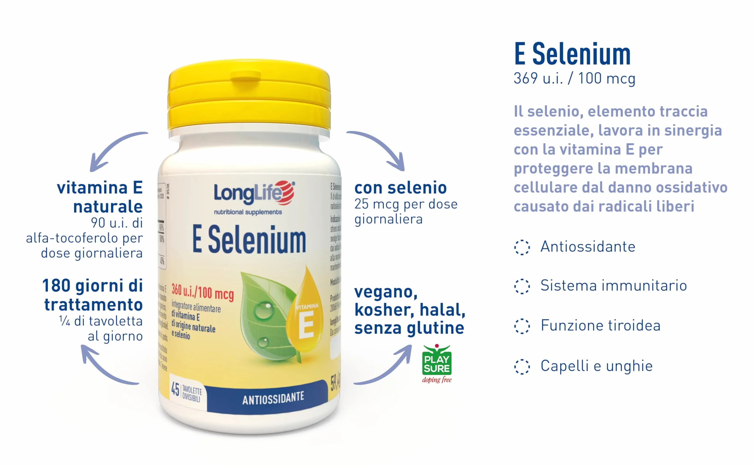 LongLife® E Selenium | Integratore di vitamina E naturale e selenio | Azione antiossidante | Benessere di capelli e unghie | 180 giorni di trattamento | Vegano e senza glutine