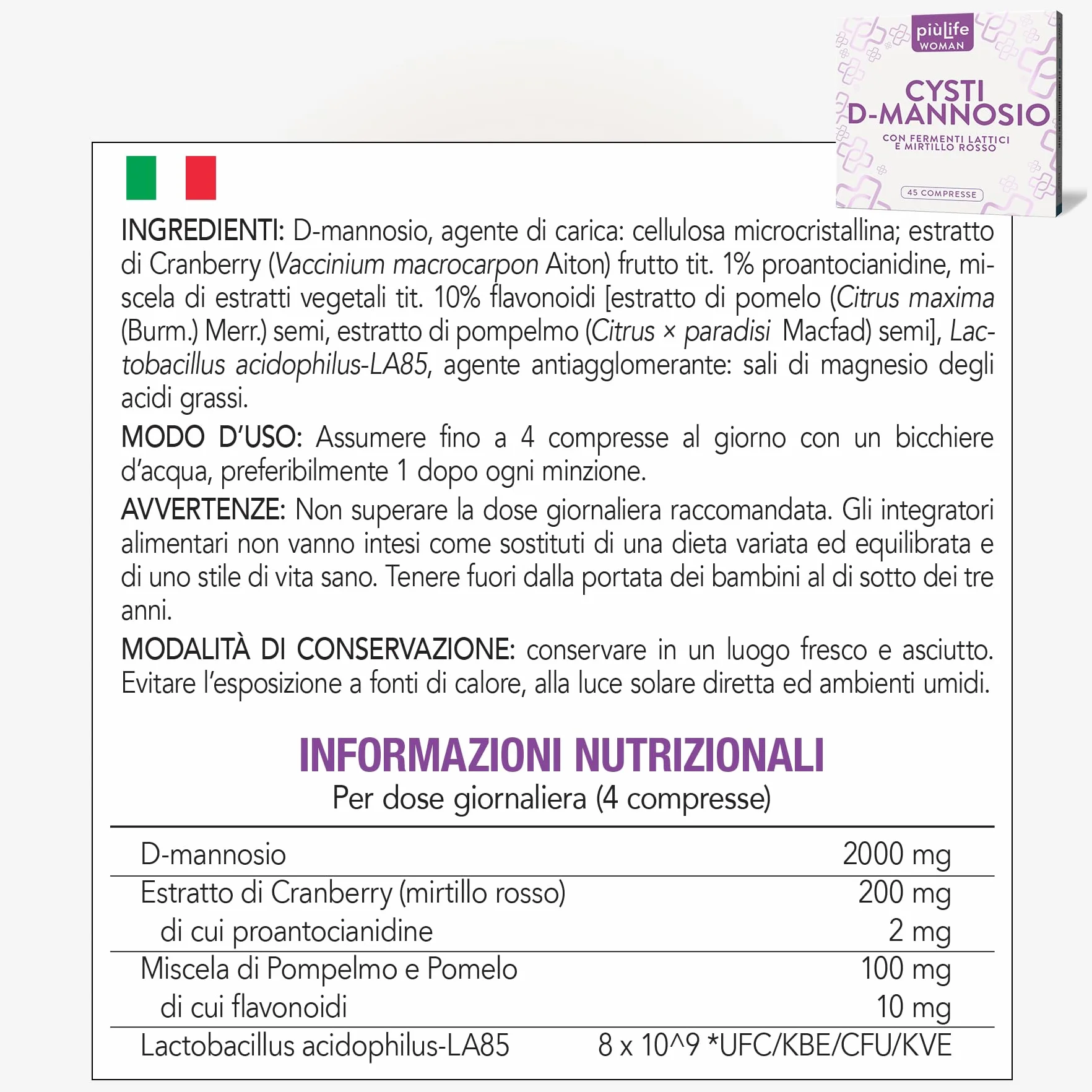 PiùLife D Mannosio 2000 mg con Cranberry e Fermenti Lattici Integratore Vie Urinarie 45 compresse