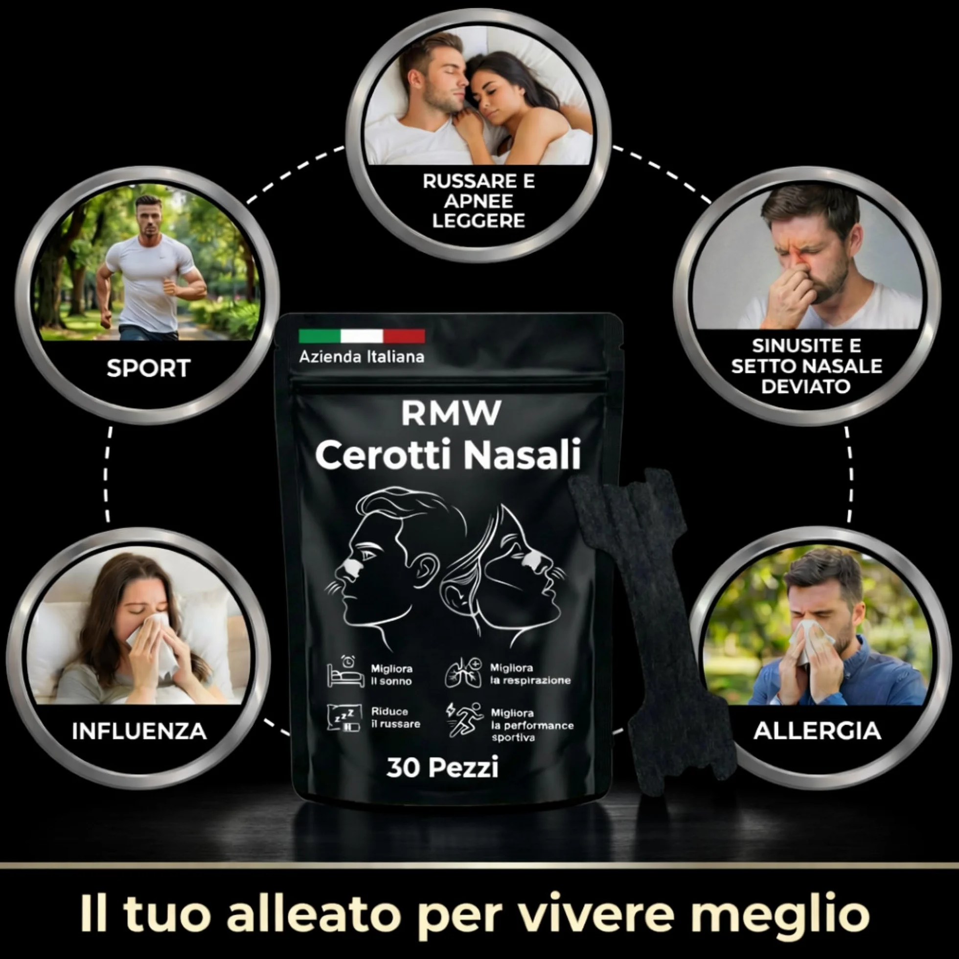 Cerotti Nasali Anti Russamento 30 Pezzi, Sport Respira Bene, Dimensioni Universali, Nero