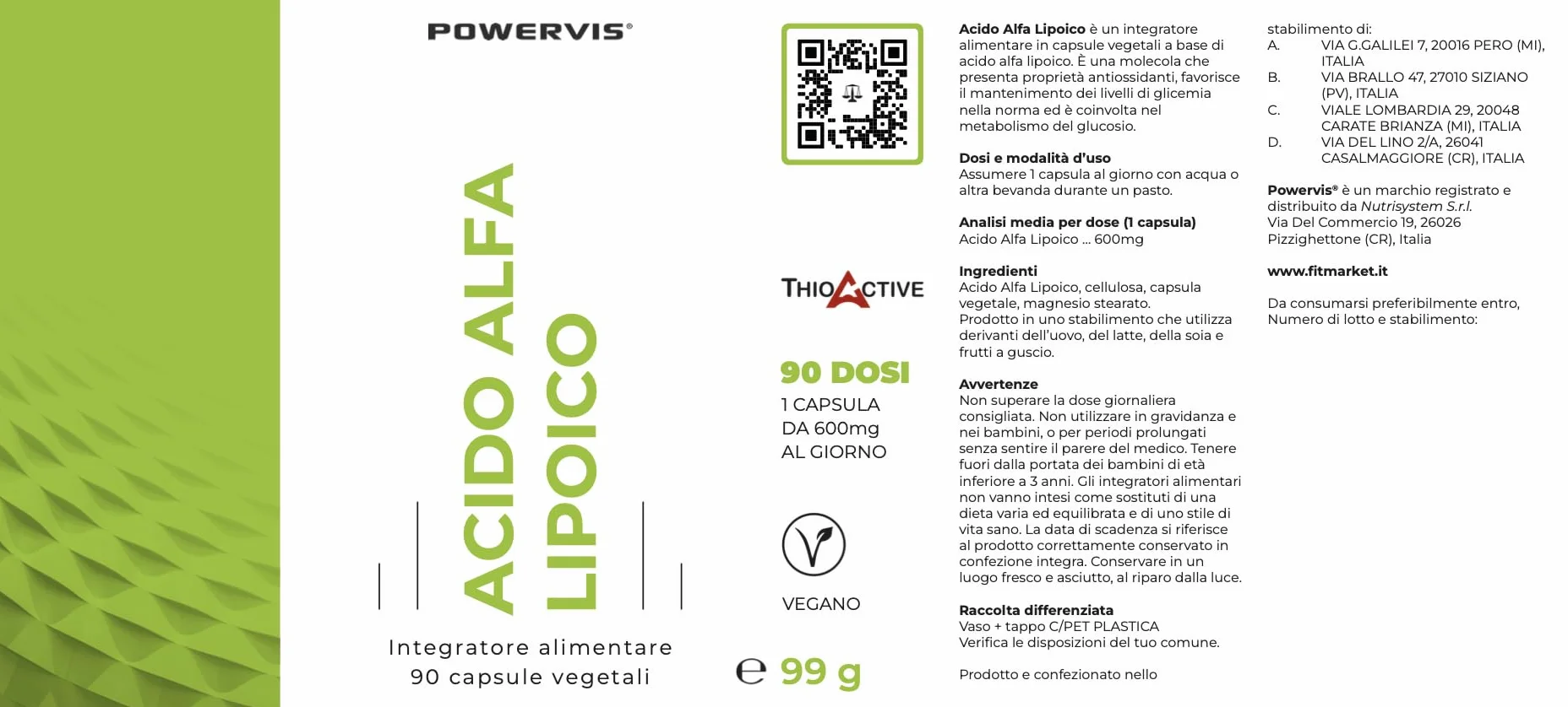 Acido Alfa Lipoico Certificato ThioActive® 600mg 90 capsule Dosaggio elevato Vegan