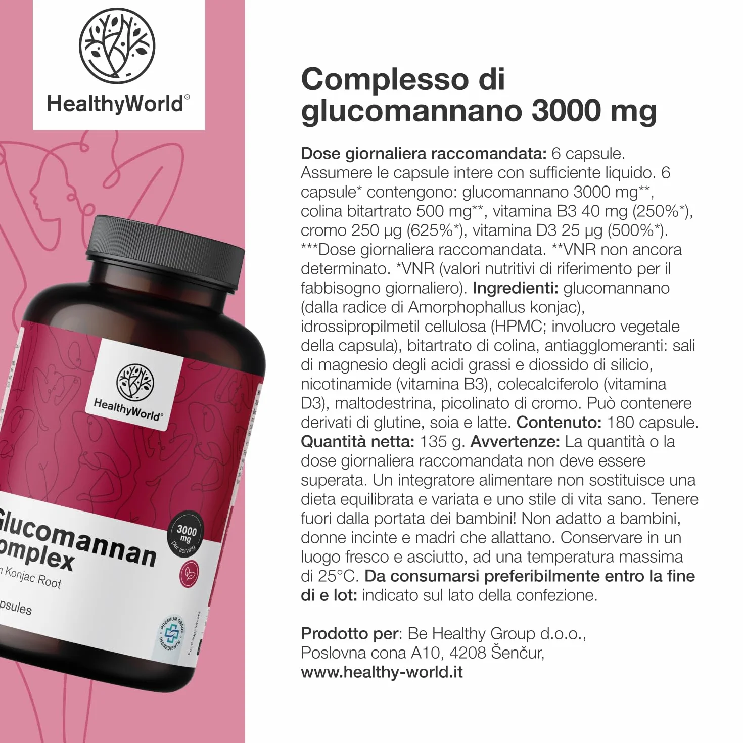 HealthyWorld Glucomannano 3000 mg 180 capsule Konjac Colina Cromo Vitamine D3 B3