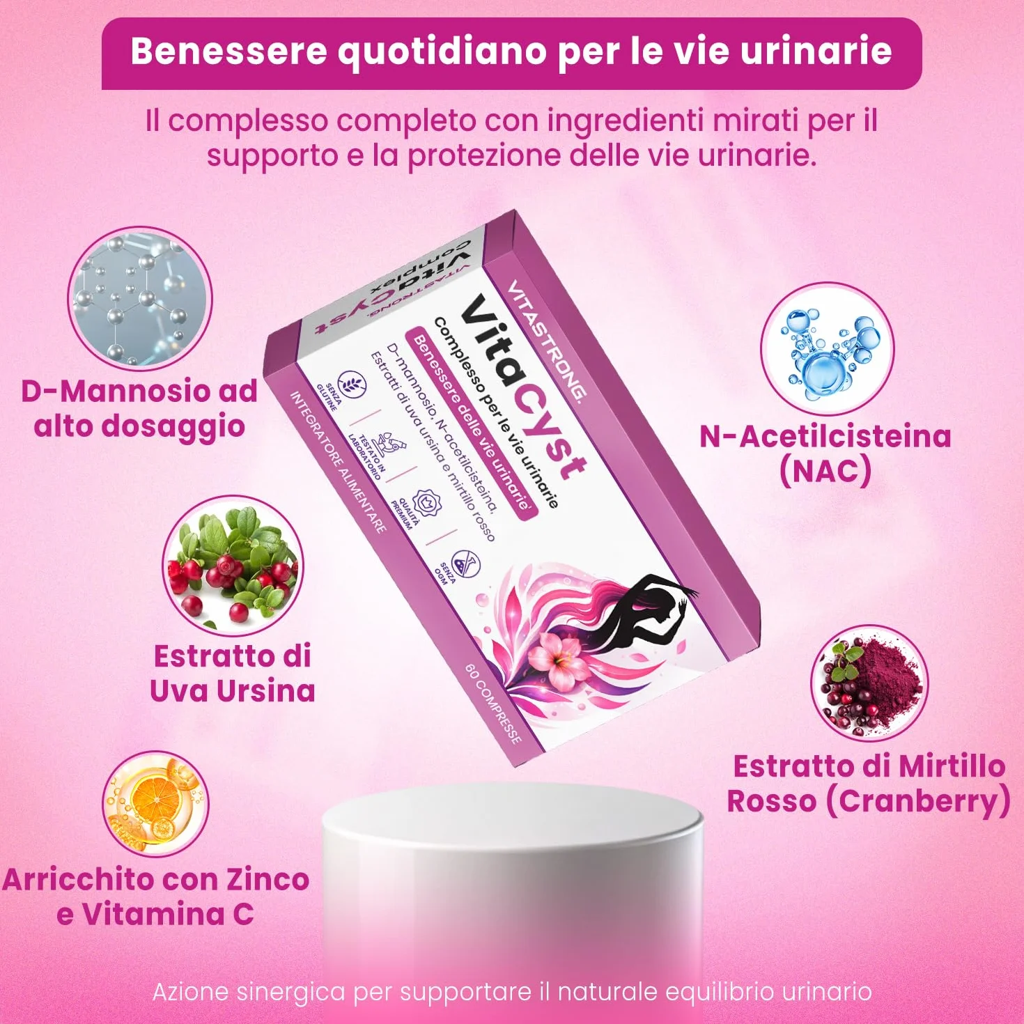 VitaCyst, D Mannosio Puro con NAC N-Acetil-Cisteina, Estratti di Mirtillo Rosso (Cranberry) e Uva Ursina Vegan Integratore Alimentare Vie Urinarie Donna, 60 Compresse Senza Glutine, Lattosio, OGM