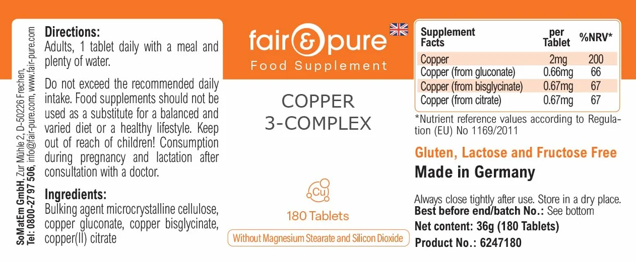 Fair & Pure Complesso di rame a 3 componenti, 180 compresse, 2 mg per compressa, facili da deglutire, integratore alimentare vegano senza additivi, prodotto in Germania