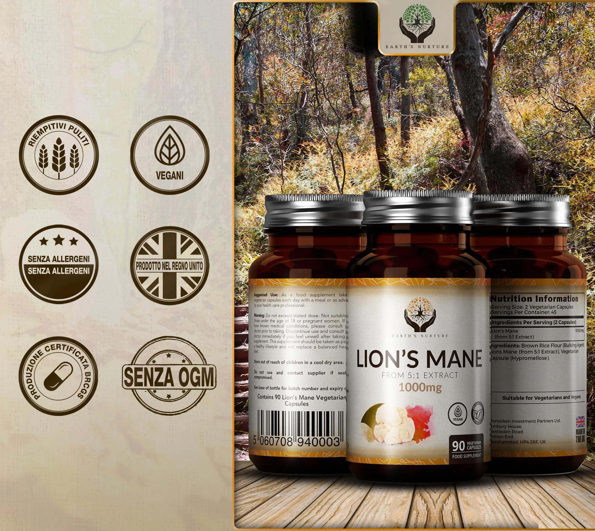 EN Lions Mane | 1000mg Lion's Mane per Dose | Alta Potenza Fungo Criniera di Leone - 90 Lion-Mane Mushroom Capsules | Non-OGM, Senza Glutine e Allergeni | Prodotto nel Regno Unito