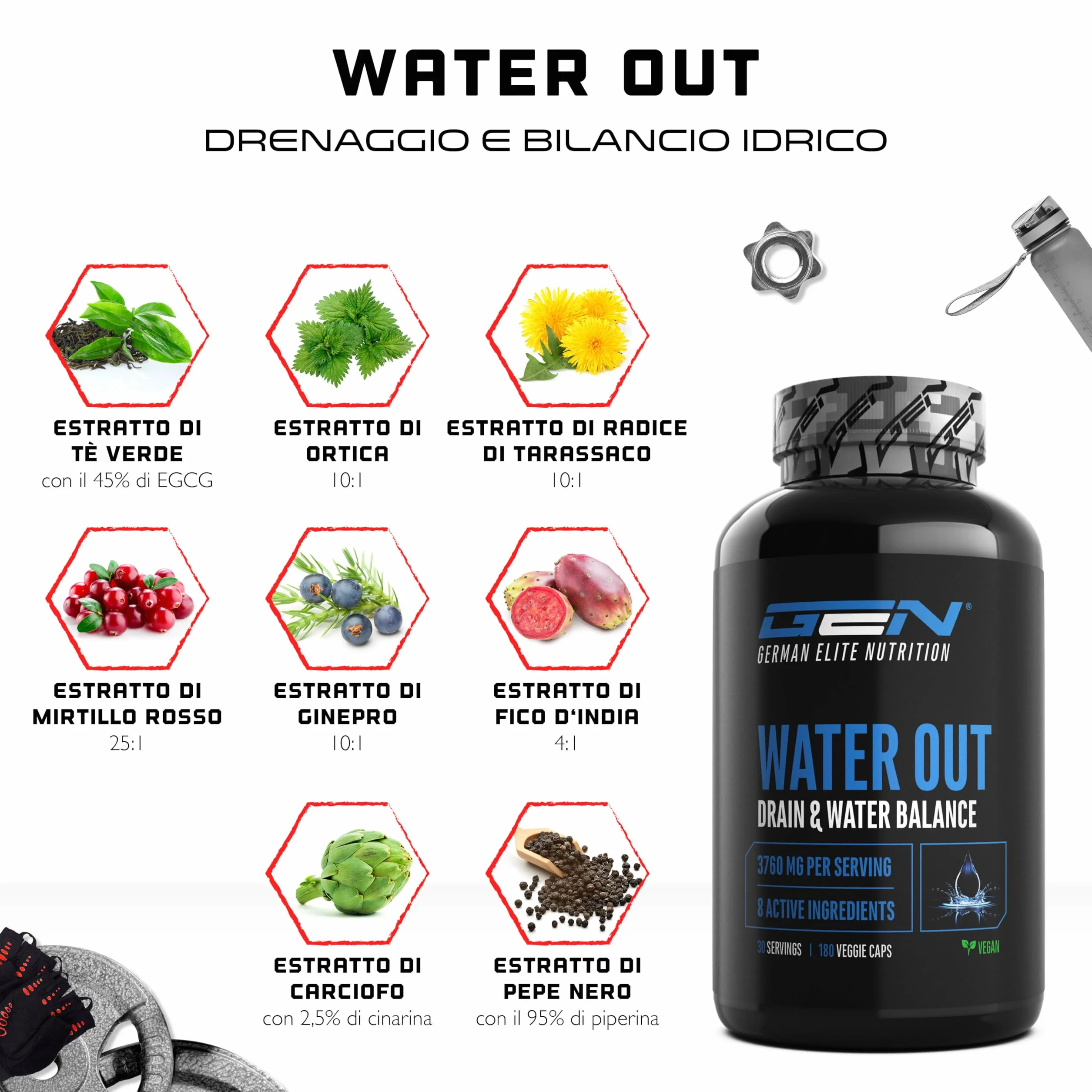Water Out Complex 180 capsule - equilibrio idrico, drenaggio, tè verde, ortica, tarassaco, estratto di carciofo
