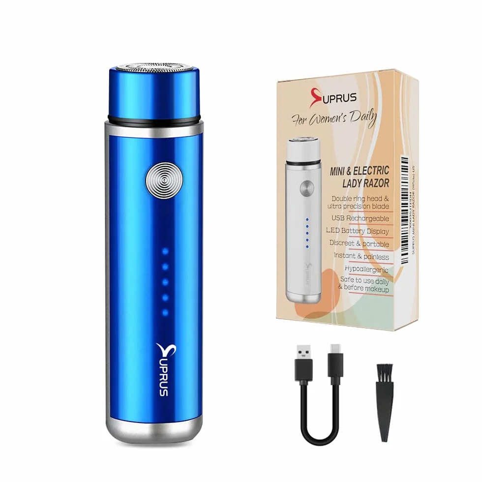 SUPRUS Rasoio elettrico da donna, ricaricabile tramite USB, per viso, barba, baffi, braccia, gambe, ascelle, bikini, indicatore LED della batteria, senza fili (blu)