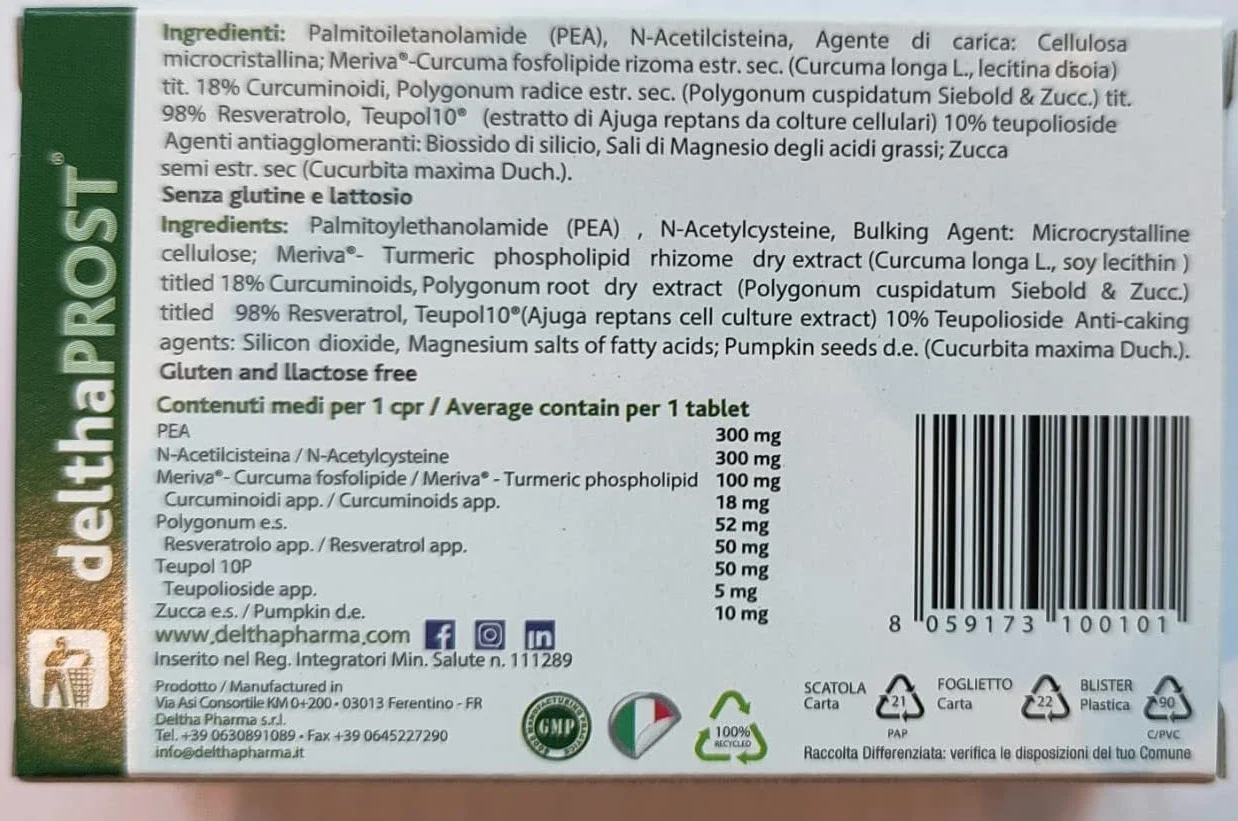 Integratore Prostata con Teoside, PEA, NAcetilcisteina, Resveratrolo, Curcuma Fitosomiale e Semi di Zucca