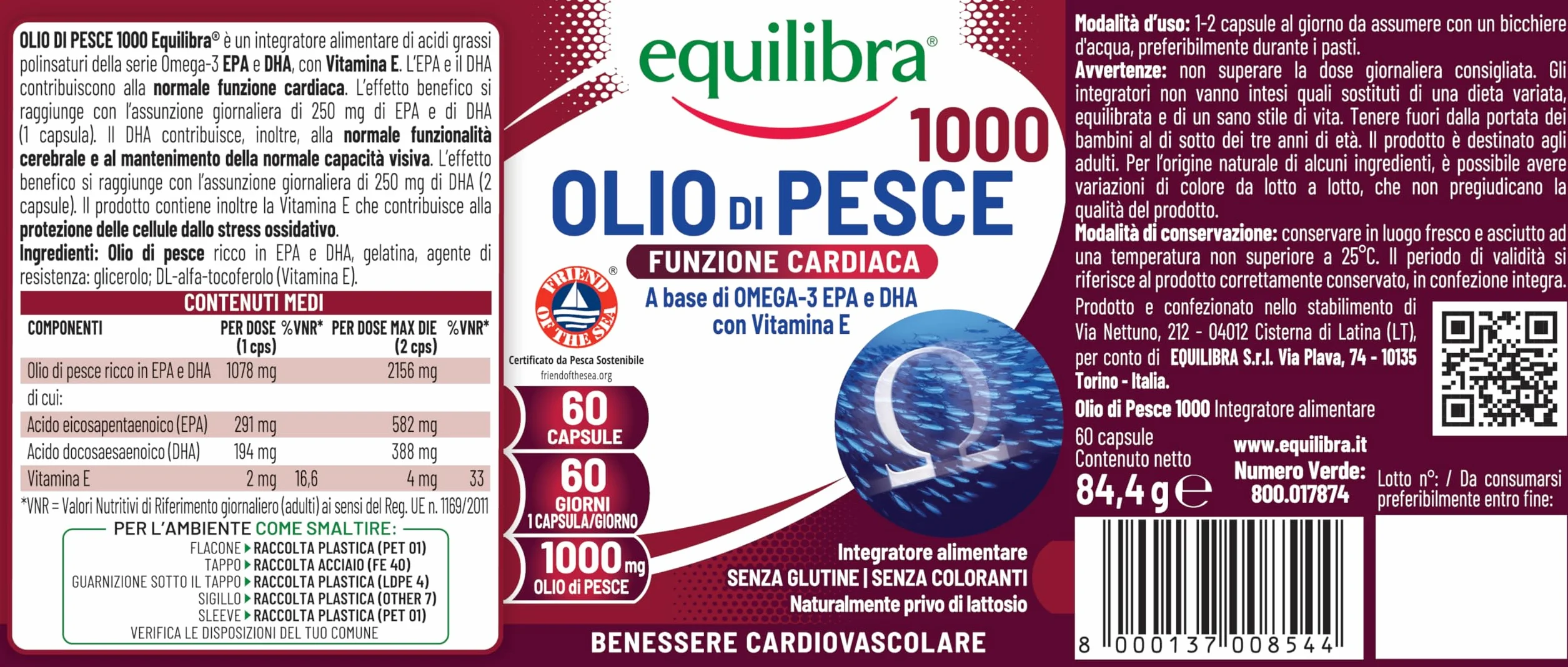 Equilibra Omega 3 Olio di Pesce 2156mg EPA 582mg DHA 388mg 60 capsule Funzione Cardiaca Cerebrale Visiva