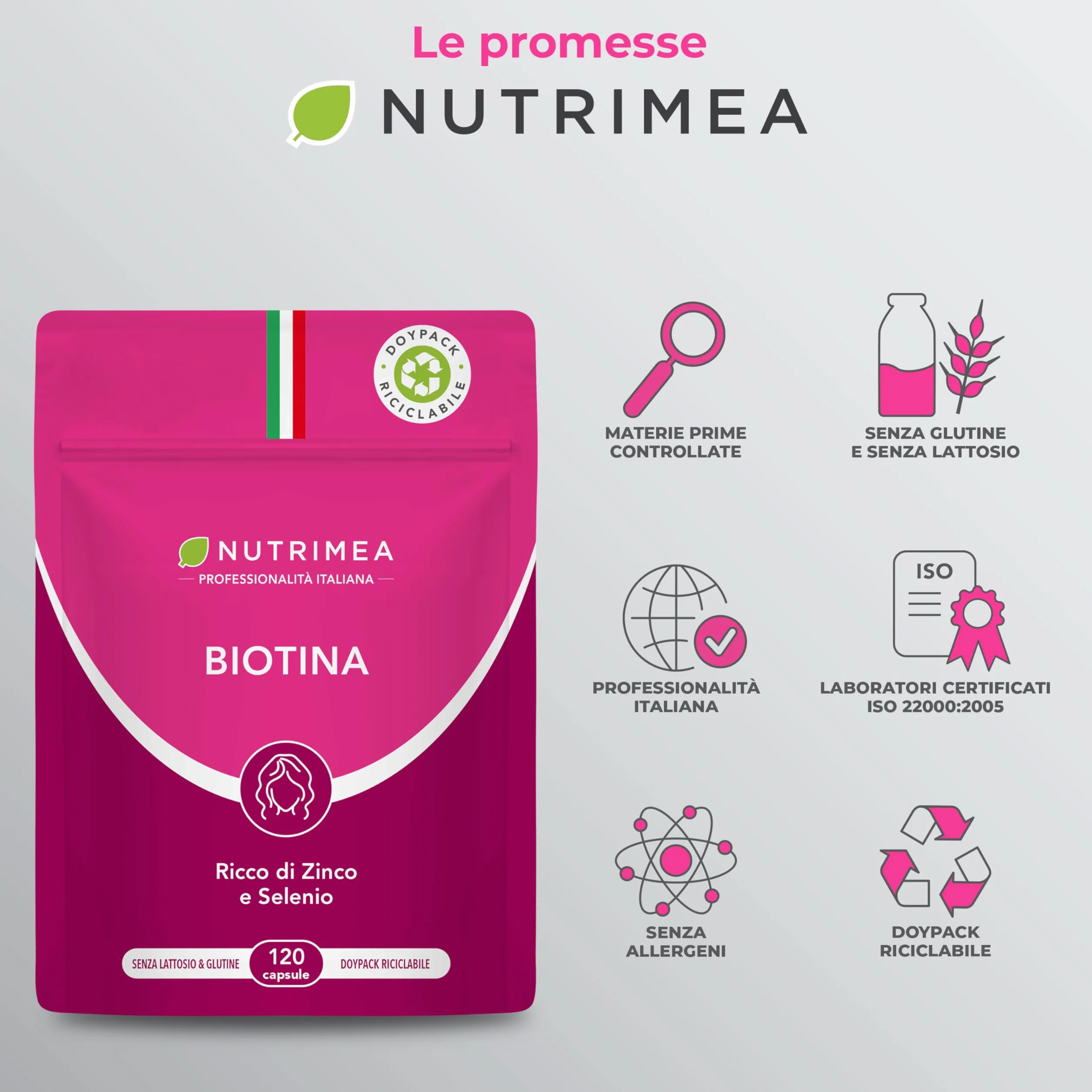 Nutrimea Biotina Capelli 120 Capsule Integratori Capelli Unghie Pelle Vitamina B8 Zinco Selenio Semi di Zucca