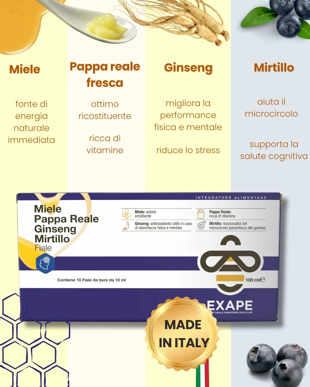 EXAPE Pappa Reale Fresca Tonico Naturale Integratore Energetico con Miele 50% e Ginseng 10 Flaconcini da 10ml 2 Confezioni