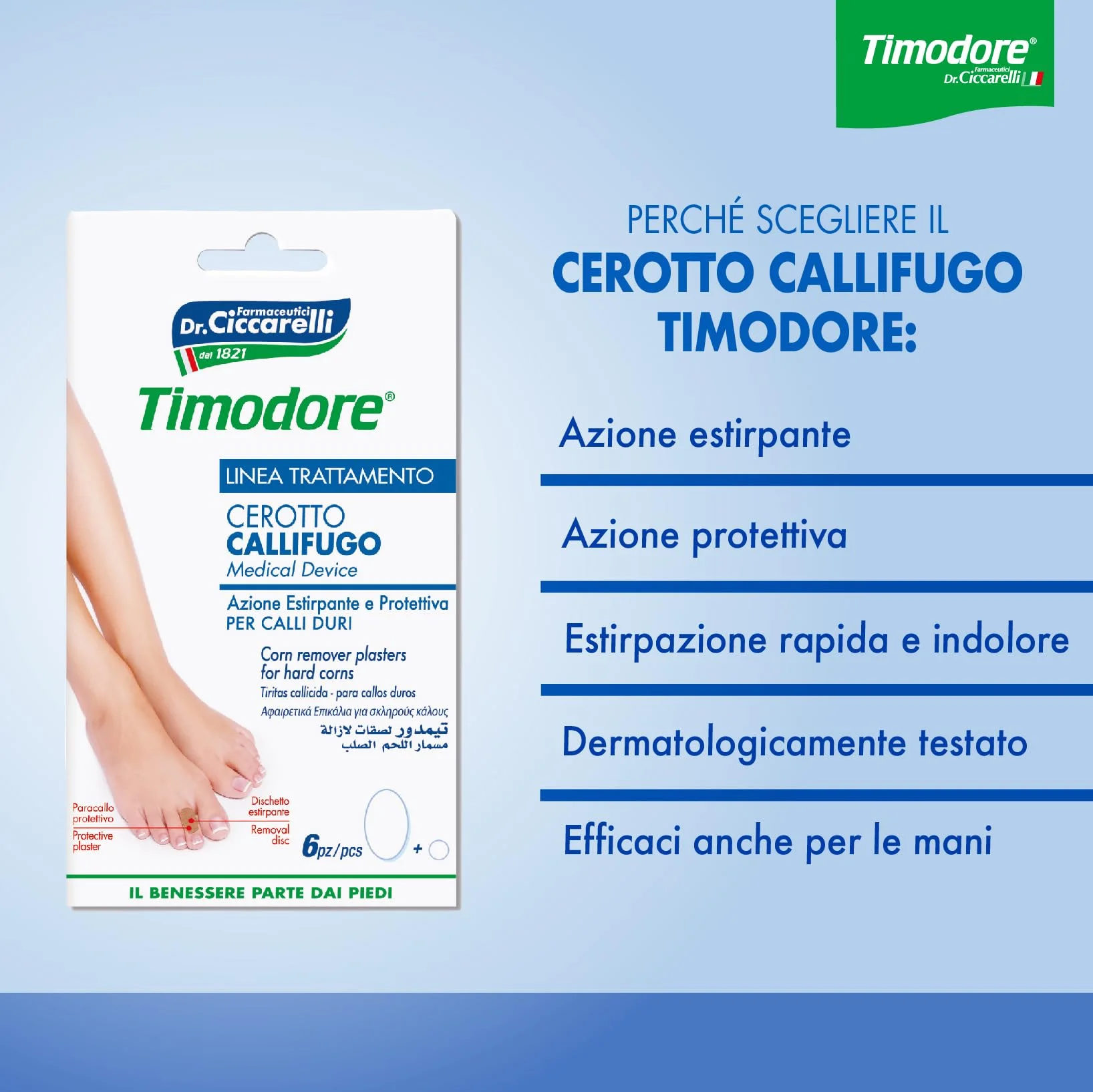 Timodore, Cerotto Callifugo per Calli Duri, Indicati per Estirpare Rapidamente i Calli Duri dei Piedi Senza Dolore, Adatto Anche per le Mani, 100% Made in Italy, Dermatologicamente Testato, 6 x 6 pz