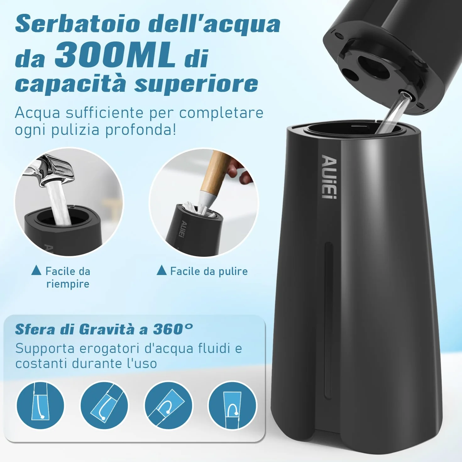 AUIEI Idropulsore dentale senza fili, irrigatore orale IPX7, serbatoio 300 ml, 5 modalità, 8 ugelli, Nero