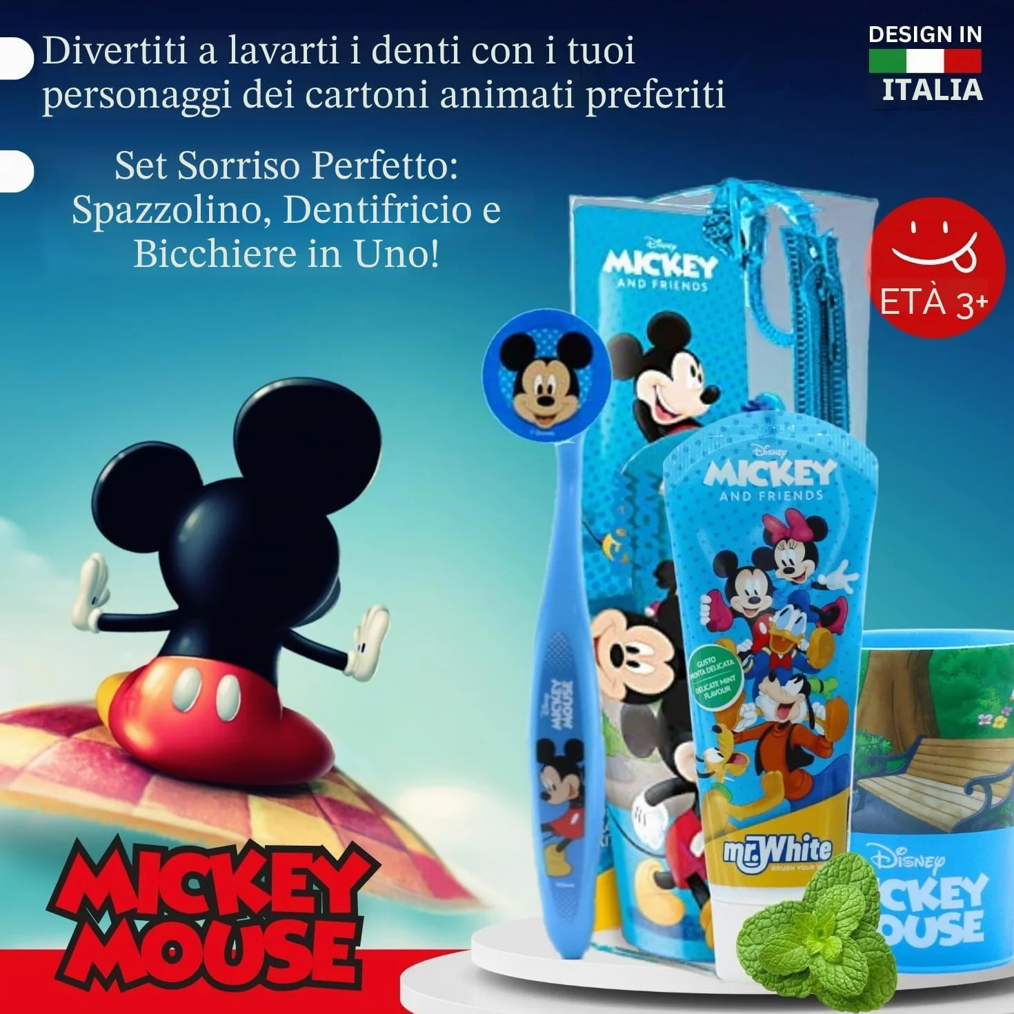 Mickey Mouse - Set di sacchetti per bambini, adatto ai viaggi, con spazzolino manuale con ventosa, tappo da viaggio, dentifricio al gusto di menta delicata per bambini da 75 ml e bicchiere Mr. White