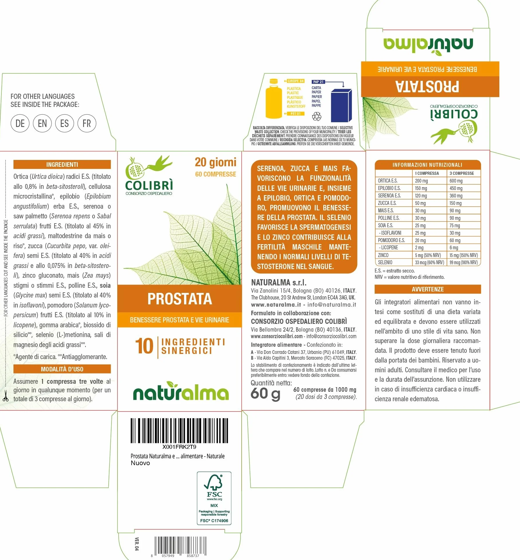 Naturalma Consorzio Colibrì Prostata 60 compresse 1000 mg Integratore alimentare Ortica Epilobio Serenoa Zucca