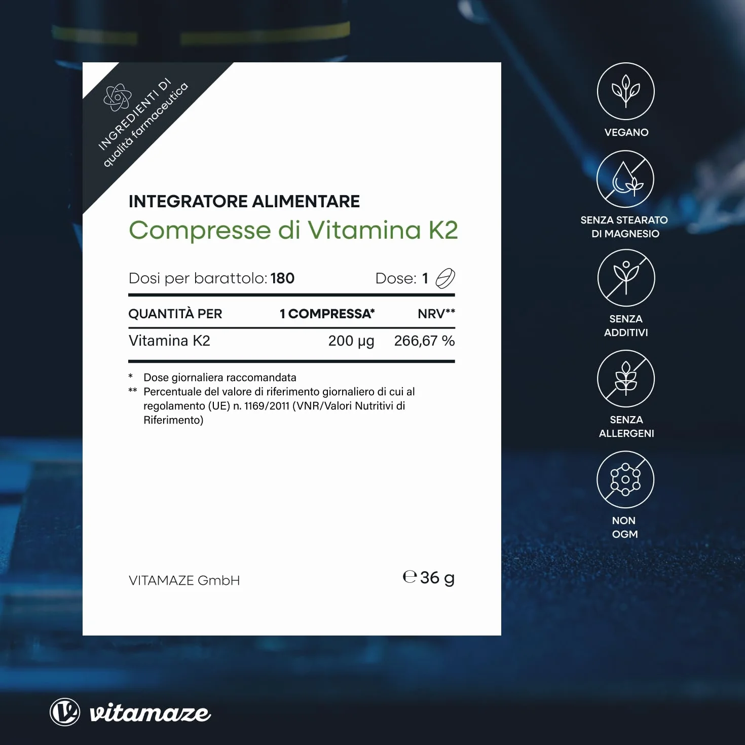 Vitamaze Vitamina K2 MK-7 200 mcg All Trans 100% Alto Dosaggio 180 Microcompresse Vegan