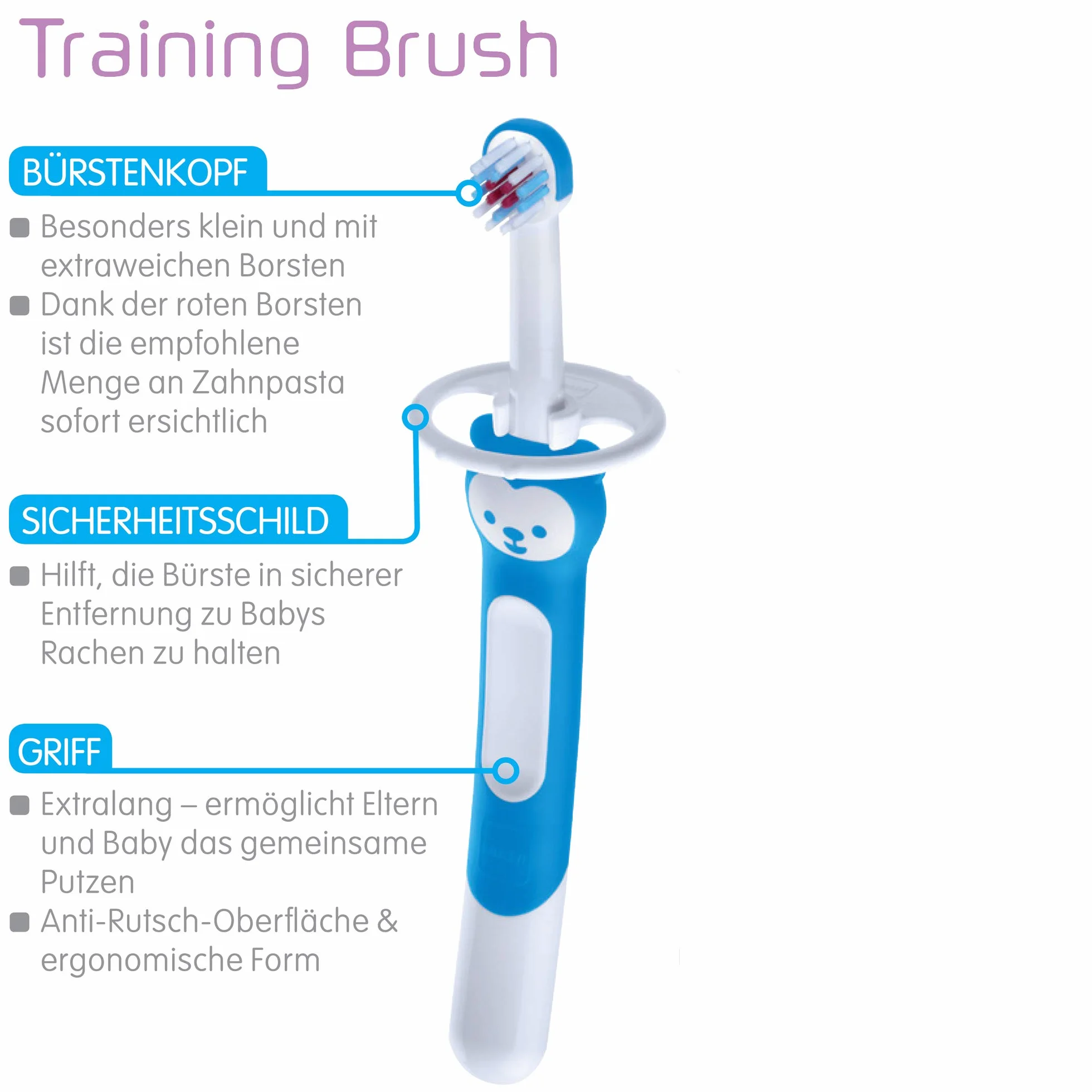 MAM Training Brush, spazzolino da denti per bambini con manico lungo per tenere insieme, spazzolino da denti per la pulizia delicata dei denti, dai 5 mesi in su, turchese