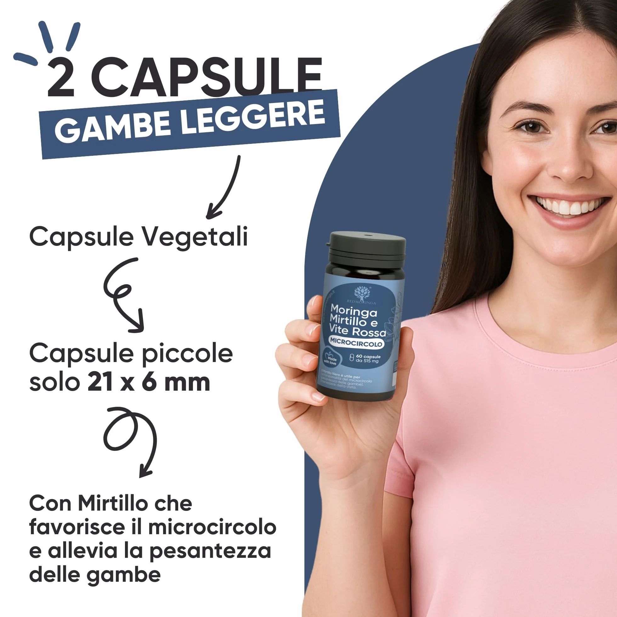 RedMoringa Integratore Microcircolo Gambe Mirtillo Nero e Vite Rossa con Moringa BIO 60 Capsule