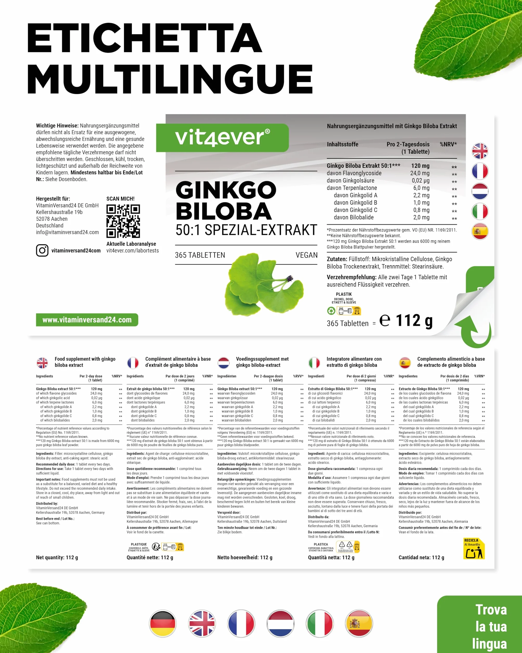 Vit4ever Ginkgo Biloba 6000 mg 365 Compresse Estratto Premium con Flavonglicosidi Ginkgolidi Lattoni Terpenici Alto Dosaggio Vegano
