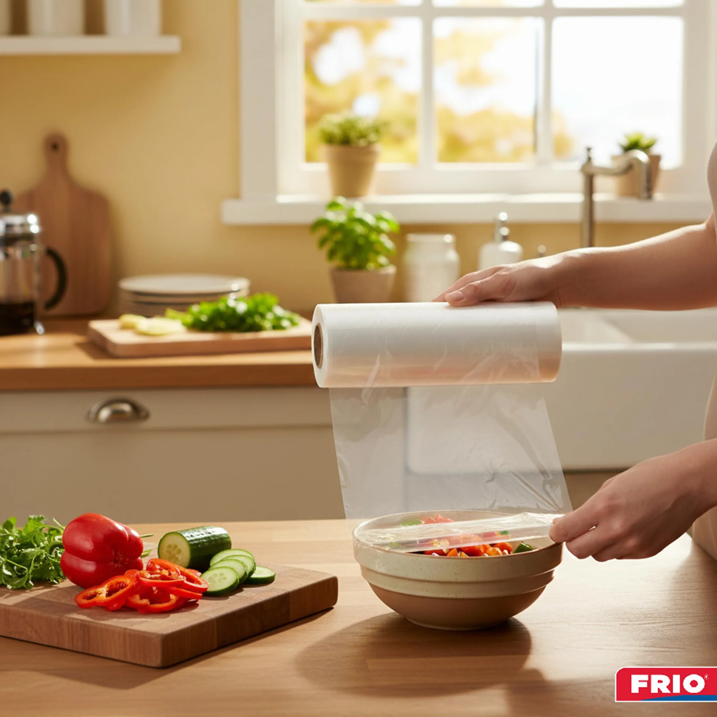 FRIO - 1 Rotolo Pellicola Alimenti 300m - Superaderente - Astuccio Professionale con Seghetto - Elastica e Autosigillante per Conservazione e Avvolgimento - Ideale per contenitori e vaschette metallo