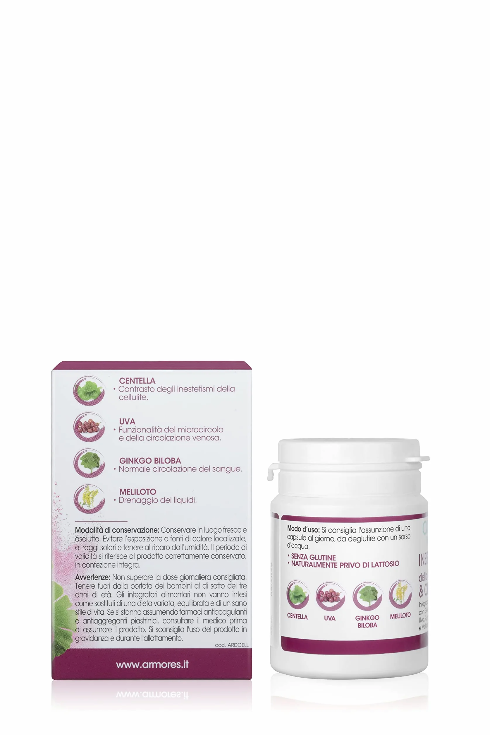 Armores Natura Integratori Alimentari, Inestetismi della Cellulite & Circolazione, Aiuta il Microcircolo, Anticellulite, a Base di Ginkgo Biloba, Uva e Centella, Vegano, Astuccio 30 Capsule